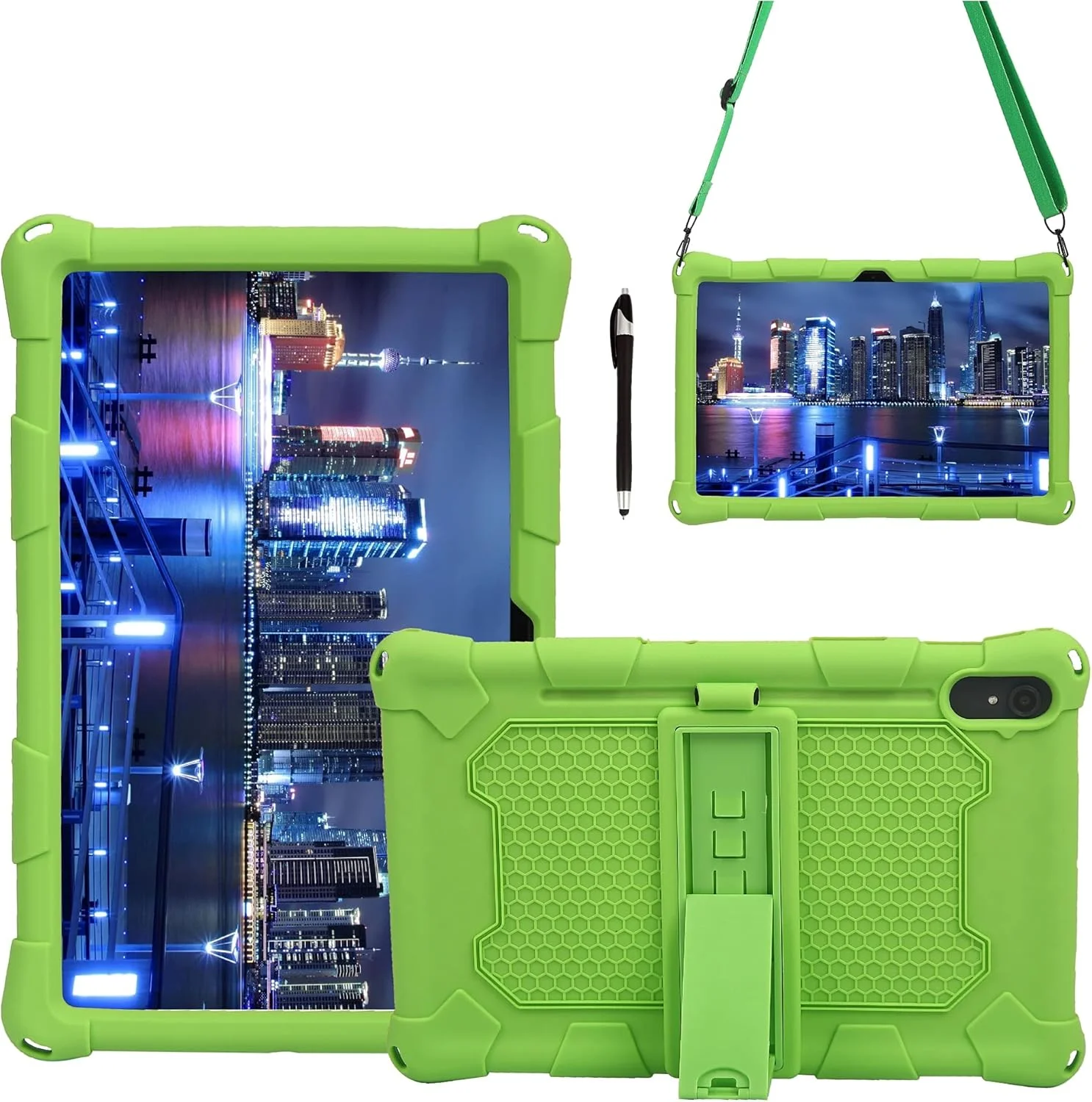 کیف تبلت XNCVBD مناسب برای Lenovo Pad11 J606F، کاور محافظ سیلیکونی نرم و سبک مقاوم در برابر ضربه با پایه و بند شانه ای برای محافظت از تبلت (سبز)