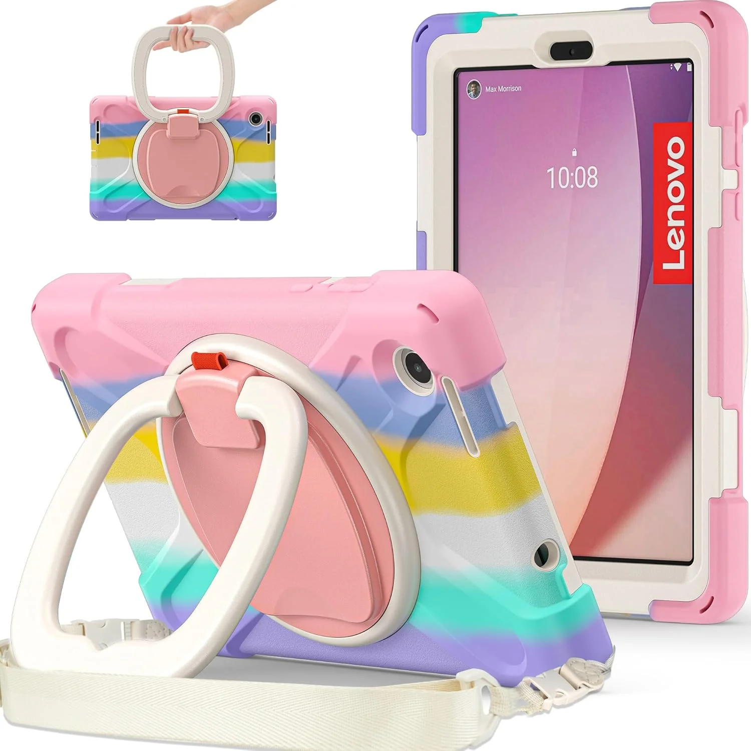 کیف تبلت کودکانه مناسب برای تبلت Lenovo Tab M8 Gen4 2023 TB-300FU/M8 Gen4 2024 TB-301XU، کیف TPU ضد ضربه سنگین، پایه چند منظوره چرخان 360 درجه + بند