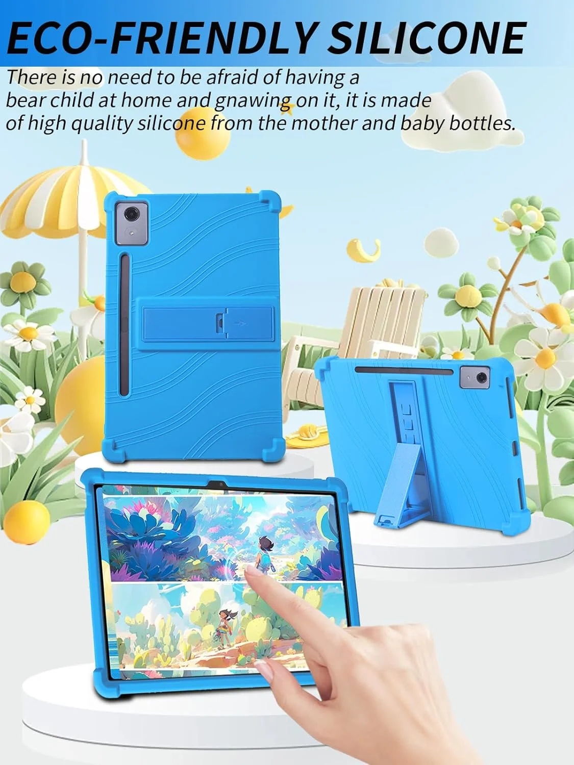 کاور محافظ تبلت لنوو Idea Tab Pro 12.7 اینچی، قاب تبلت سیلیکونی نرم و سازگار با پوست کودکان، سازگار با Lenovo Idea Tab Pro، دارای پایه قابل تنظیم (آبی آسمانی)