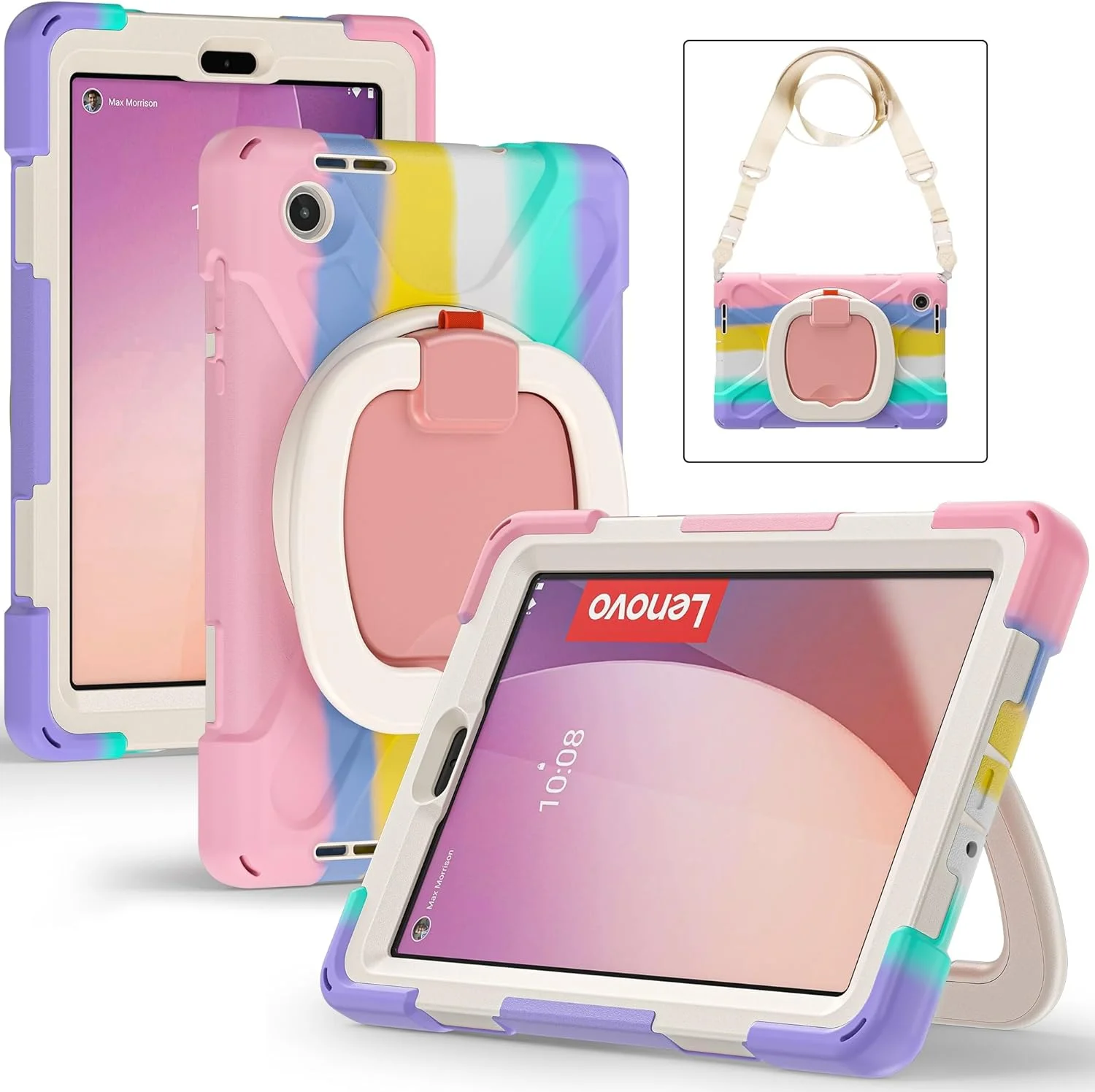 کیف تبلت کودکانه مناسب برای تبلت Lenovo Tab M8 Gen4 2023 TB-300FU/M8 Gen4 2024 TB-301XU، کیف TPU ضد ضربه سنگین، پایه چند منظوره چرخان 360 درجه + بند
