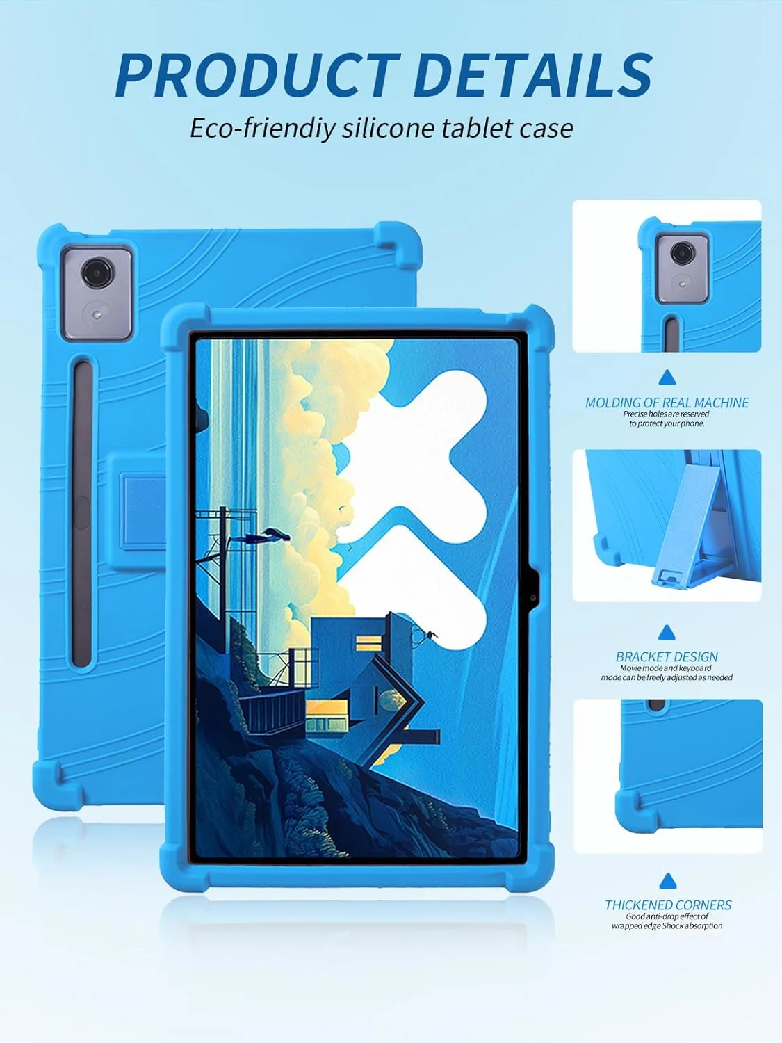 کاور محافظ تبلت لنوو Idea Tab Pro 12.7 اینچی، قاب تبلت سیلیکونی نرم و سازگار با پوست کودکان، سازگار با Lenovo Idea Tab Pro، دارای پایه قابل تنظیم (آبی آسمانی)