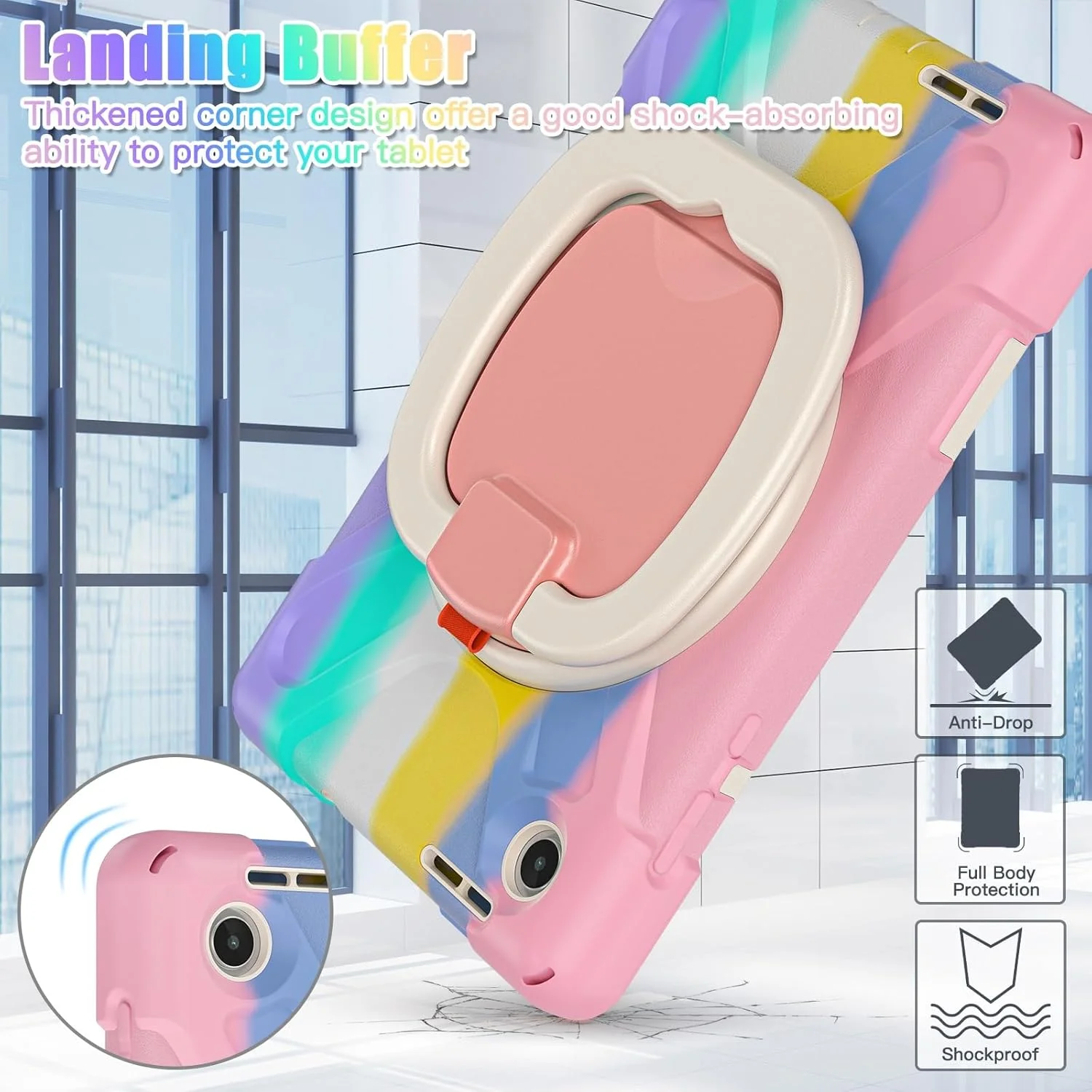 کیف تبلت کودکانه مناسب برای تبلت Lenovo Tab M8 Gen4 2023 TB-300FU/M8 Gen4 2024 TB-301XU، کیف TPU ضد ضربه سنگین، پایه چند منظوره چرخان 360 درجه + بند