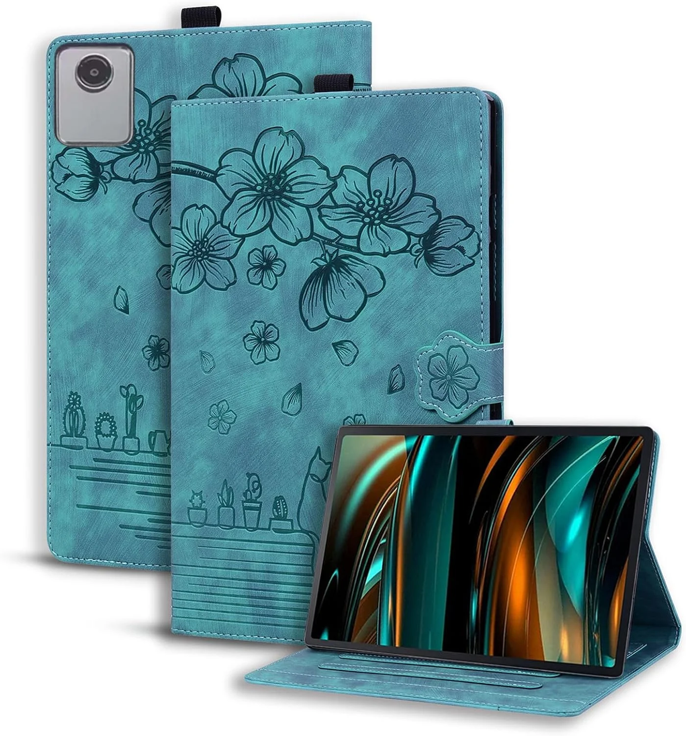 کیف تبلت SLLMYYX سازگار با تبلت لنوو تب M11 11 اینچ 2024 TB330FU، جلد هوشمند چرمی طرح گربه شکوفه گیلاس (سبز)