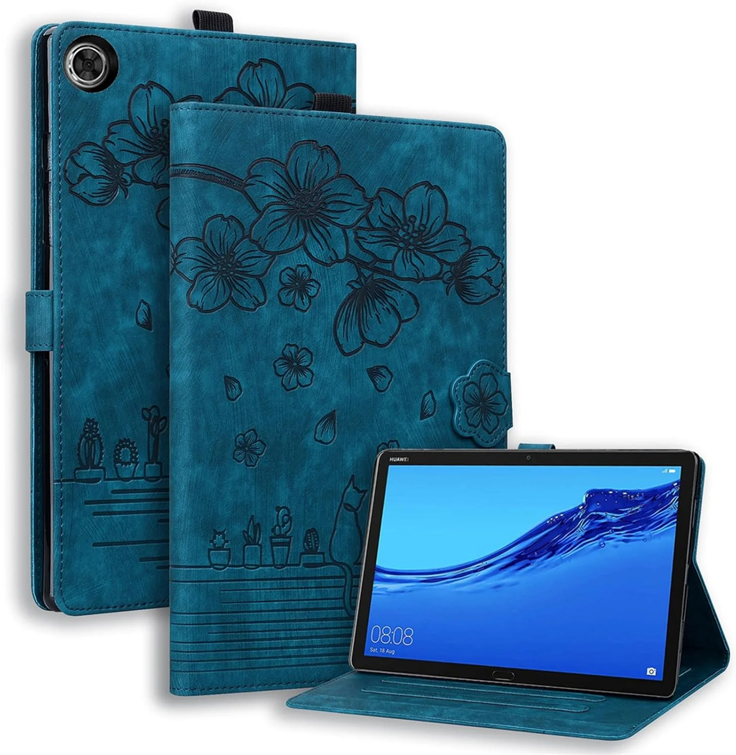 کیف تبلت SLLMYYX سازگار با تبلت Lenovo Tab M10 Plus (نسل 3) 10.6 اینچی 2022 مدل TB-125F، طرح گربه شکوفه گیلاس، جلد هوشمند چرمی PU (قرمز)