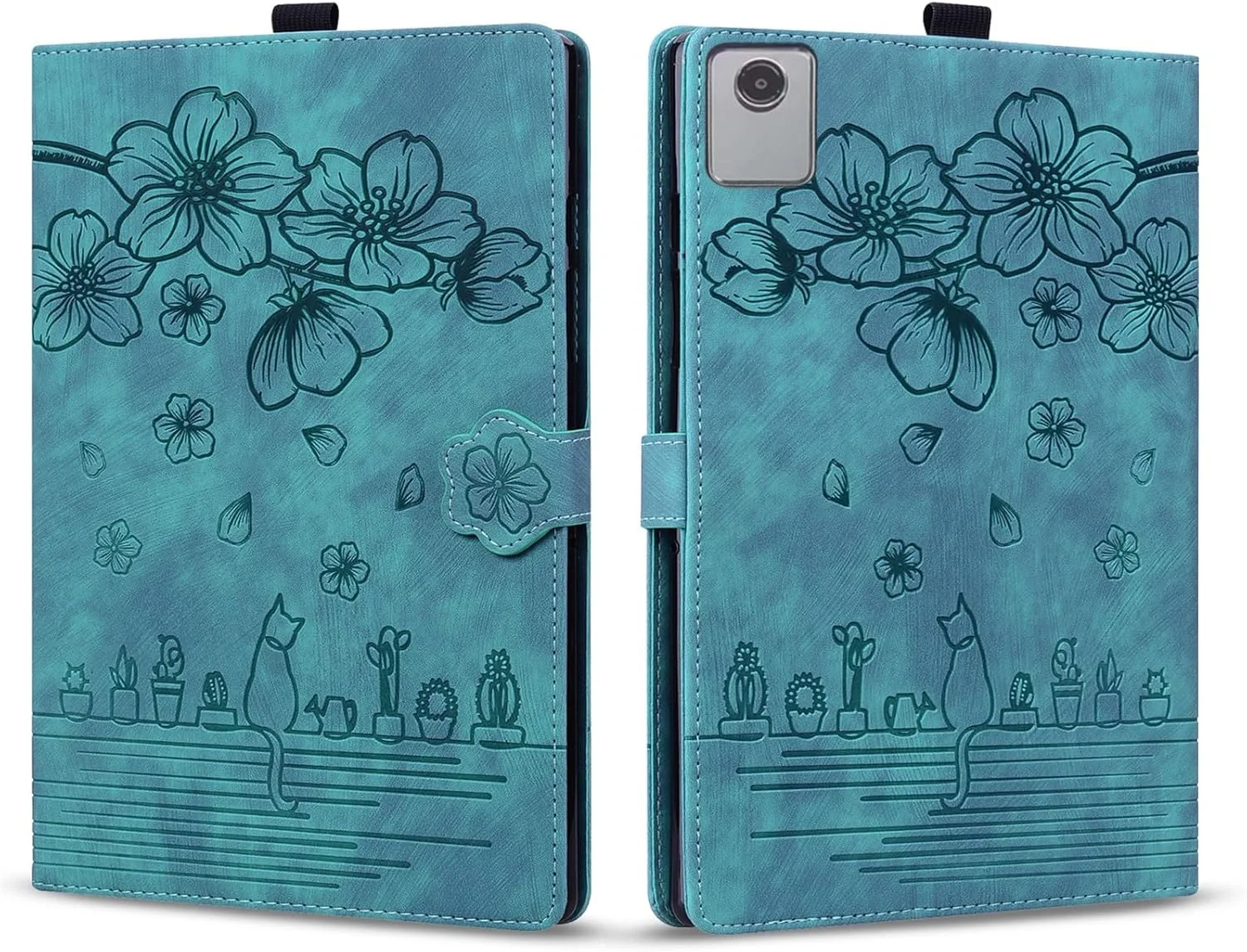 کیف تبلت SLLMYYX سازگار با تبلت لنوو تب M11 11 اینچ 2024 TB330FU، جلد هوشمند چرمی طرح گربه شکوفه گیلاس (سبز)