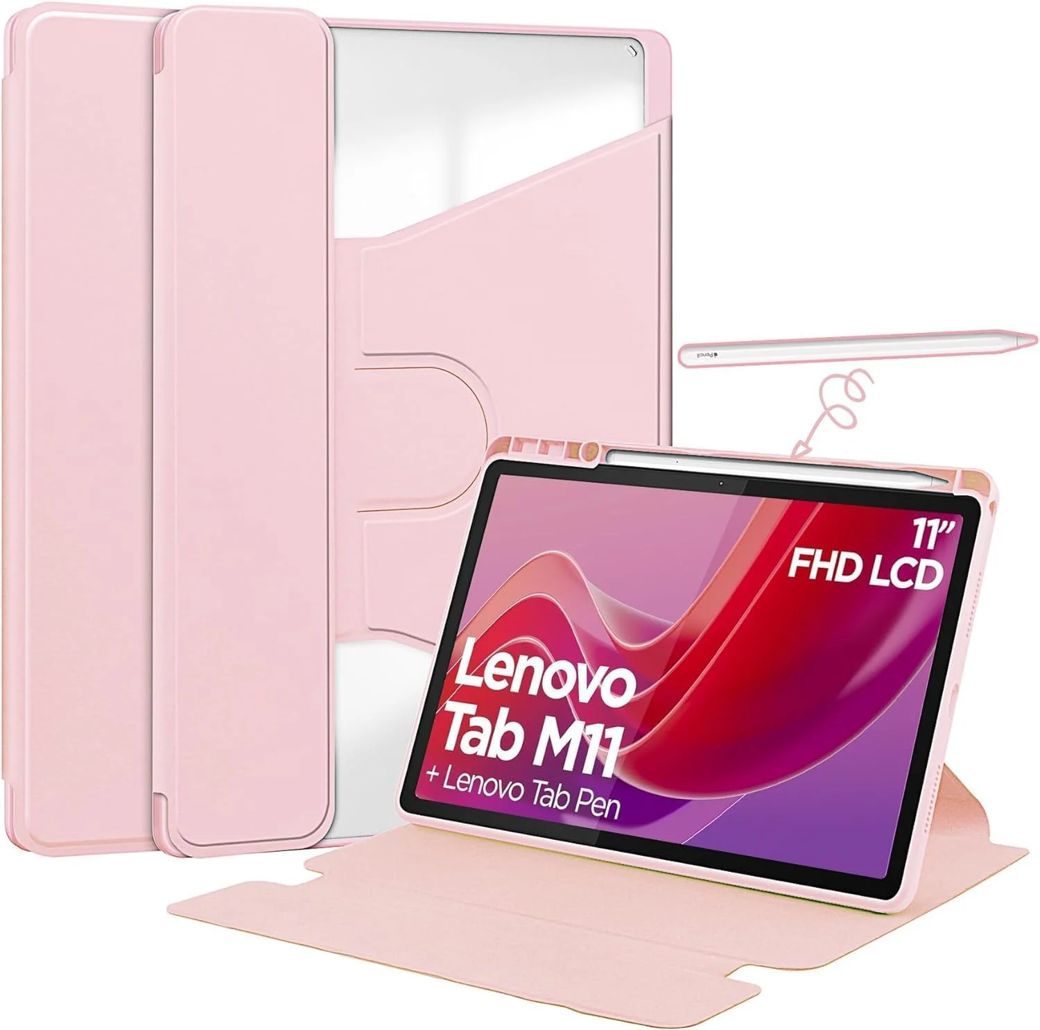 کاور گروتری سازگار با تبلت لنوو M11 به همراه جای قلم، استند چرخان 360 درجه، کاور محافظ با قابلیت بیدار شدن/خواب خودکار برای تبلت 11 اینچی لنوو تب M11 (صورتی)