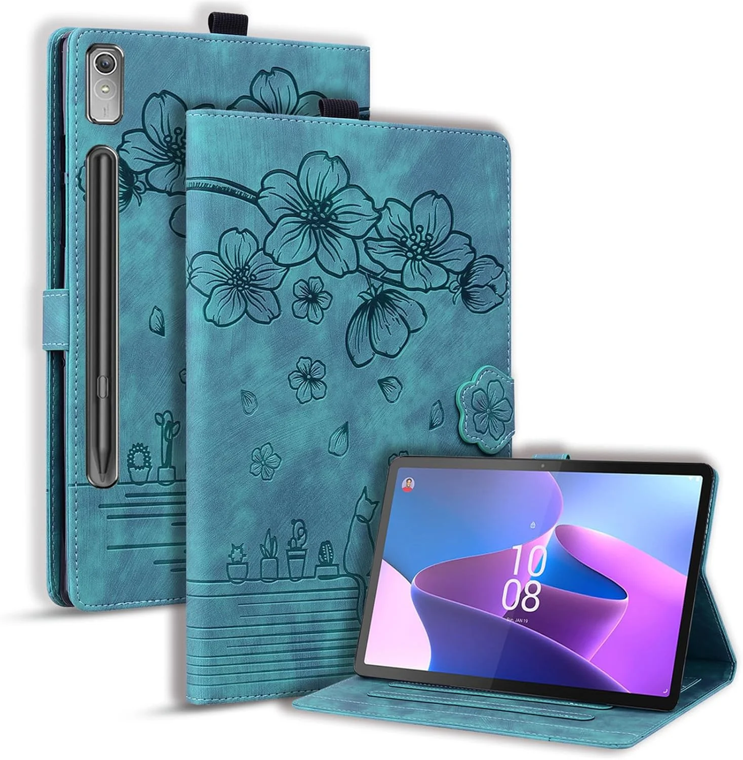 کیف تبلت SLLMYYX سازگار با تبلت Lenovo Tab P12 12.7 اینچ 2023 TB370FU، جلد هوشمند طرح گربه شکوفه گیلاس چرمی PU (سبز)