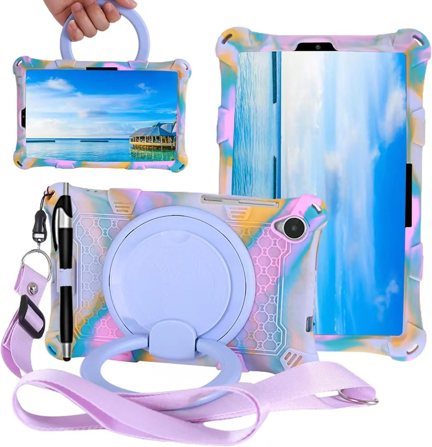 کیف تبلت ALHBEJT برای لنوو M8 TB300XU/TB-8505F/TB-8705F/TB-8506F، کیف سیلیکونی نرم ضد استرس با پایه چرخان/نگهدارنده مداد/بند شانه/قلم برای تبلت لنوو تب M8 8 اینچی (بنفش رنگارنگ)