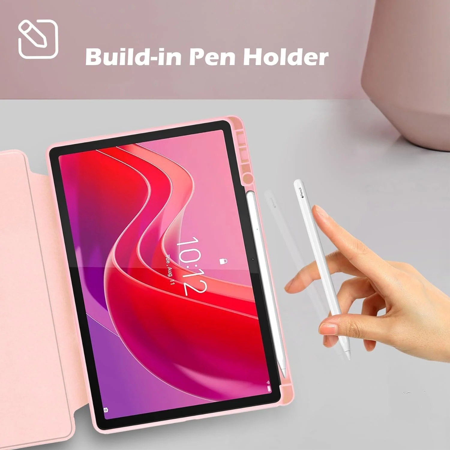 کاور گروتری سازگار با تبلت لنوو M11 به همراه جای قلم، استند چرخان 360 درجه، کاور محافظ با قابلیت بیدار شدن/خواب خودکار برای تبلت 11 اینچی لنوو تب M11 (صورتی)