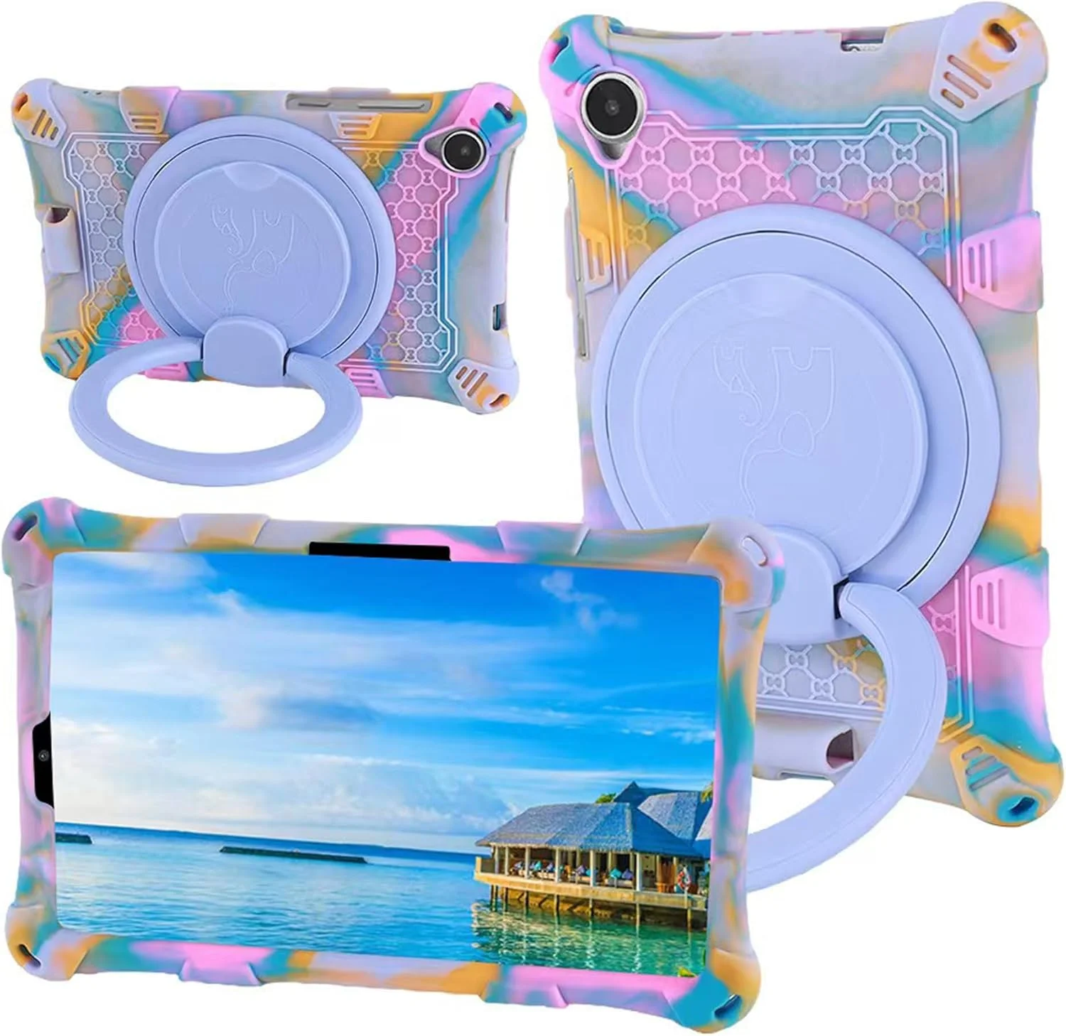 کیف تبلت ALHBEJT برای لنوو M8 TB300XU/TB-8505F/TB-8705F/TB-8506F، کیف سیلیکونی نرم ضد استرس با پایه چرخان/نگهدارنده مداد/بند شانه/قلم برای تبلت لنوو تب M8 8 اینچی (بنفش رنگارنگ)