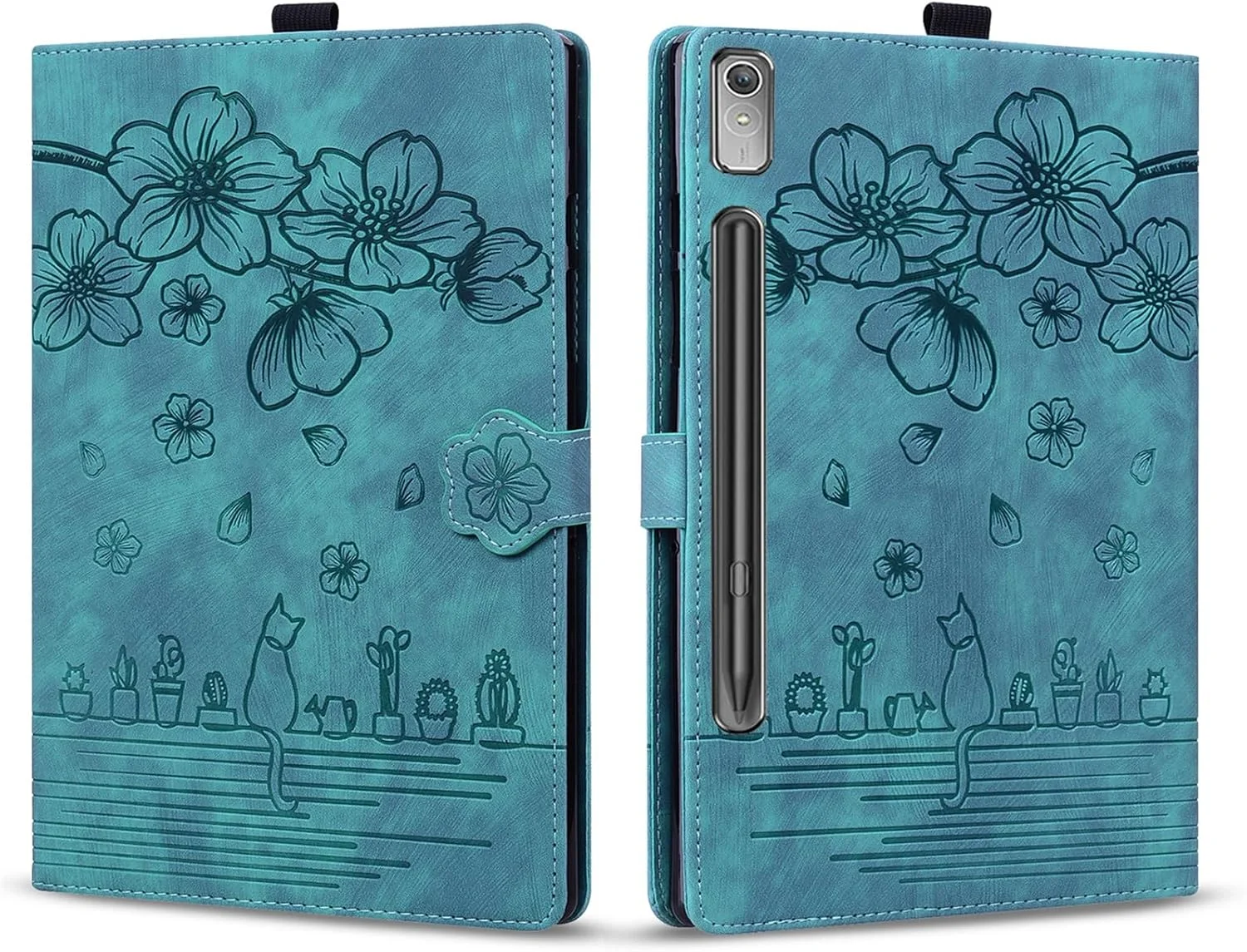 کیف تبلت SLLMYYX سازگار با تبلت Lenovo Tab P12 12.7 اینچ 2023 TB370FU، جلد هوشمند طرح گربه شکوفه گیلاس چرمی PU (سبز)