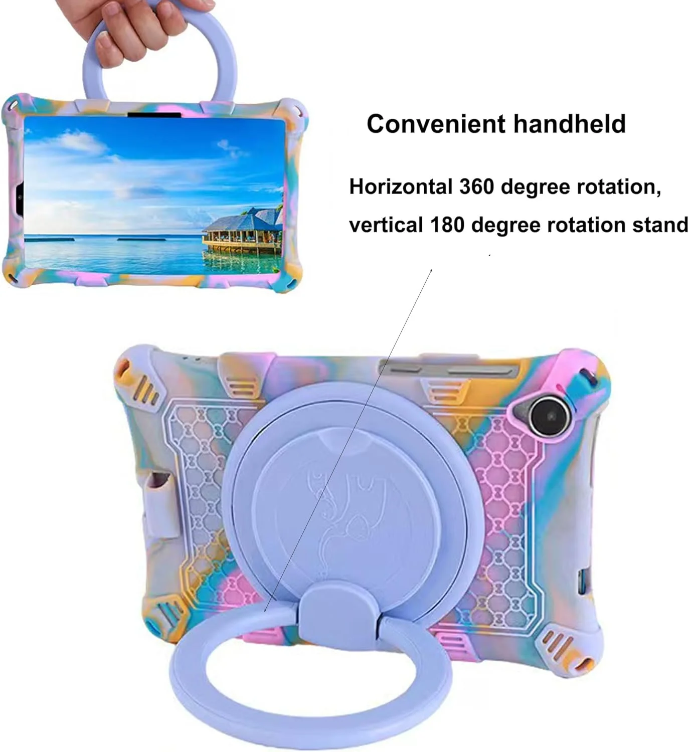 کیف تبلت ALHBEJT برای لنوو M8 TB300XU/TB-8505F/TB-8705F/TB-8506F، کیف سیلیکونی نرم ضد استرس با پایه چرخان/نگهدارنده مداد/بند شانه/قلم برای تبلت لنوو تب M8 8 اینچی (بنفش رنگارنگ)
