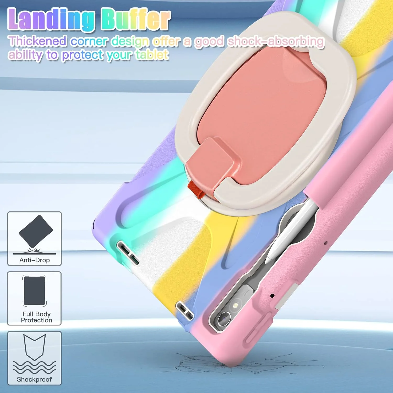 کیف محافظ تبلت TianTa مناسب برای لنوو تب P11 پرو نسل 2 / پد پرو 2022 11.2 اینچ، کیف مقاوم در برابر ضربه با دسته چرخان 360 درجه، جای مداد و بند شانه ای، پوشش محافظ - صورتی رنگارنگ