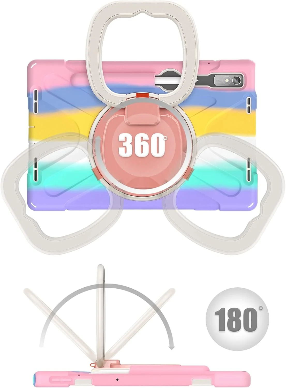 کیف محافظ تبلت TianTa مناسب برای لنوو تب P11 پرو نسل 2 / پد پرو 2022 11.2 اینچ، کیف مقاوم در برابر ضربه با دسته چرخان 360 درجه، جای مداد و بند شانه ای، پوشش محافظ - صورتی رنگارنگ