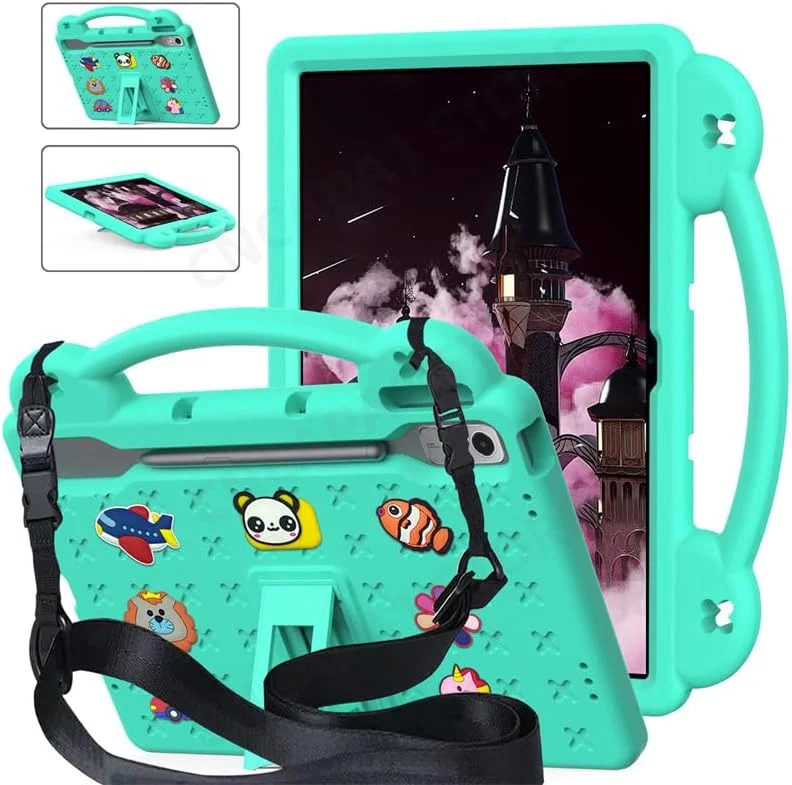 کیف محافظ کودکانه Gruattreay سازگار با تبلت Lenovo Tab P12 12.7 اینچ 2023، کیف ضد ضربه با بند شانه و پایه دسته دار برای تبلت Tab P12 12.7 اینچی (سبز)