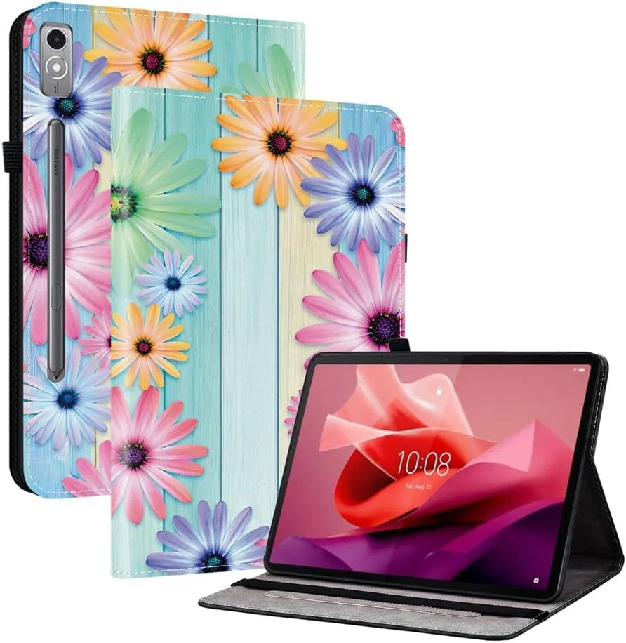 HYAEcase Case for Lenovo Tab P12 12.7 Inch 2023 (TB370FU/TB371FC),Leather Tablet Cover with Anti-Slip Strips,Card Slots,Elastic Band,Pen Holder (Sunflower)