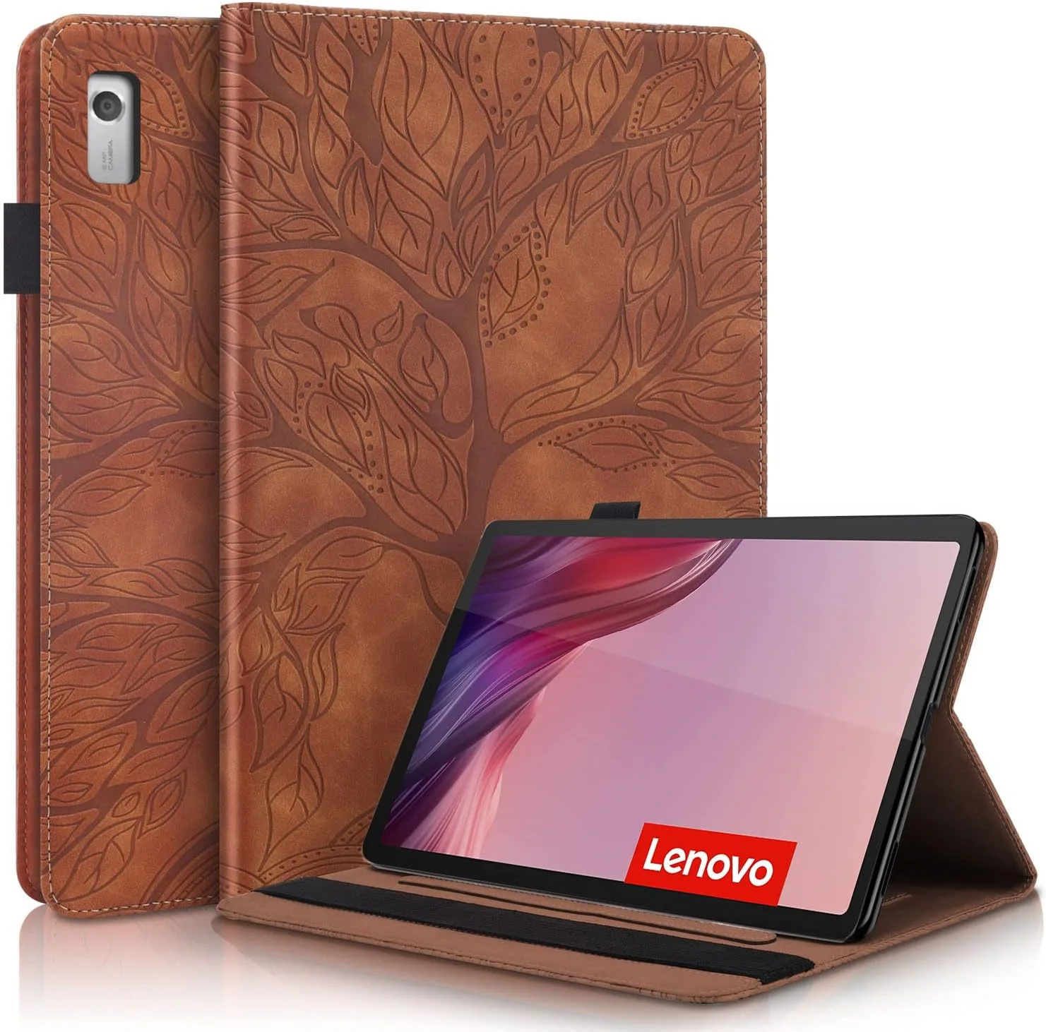 کیف محافظ تبلت لنوو تب M9 HD سایز 9 اینچ مدل TB-310FU سال 2023، کیف چرمی PU تاشو با قابلیت استند و جای قلم، طرح کیف پول، قهوه ای