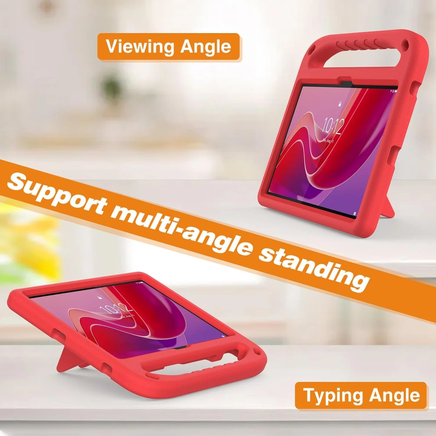 کیف تبلت مسافرتی کودکانه سازگار با تبلت لنوو تب 10.1 اینچ 2025، سبک وزن، ضد ضربه، دارای دسته و پایه، روکش محافظ ضد ضربه مناسب کودکان + بند شانه برای محافظت از تبلت (قرمز)