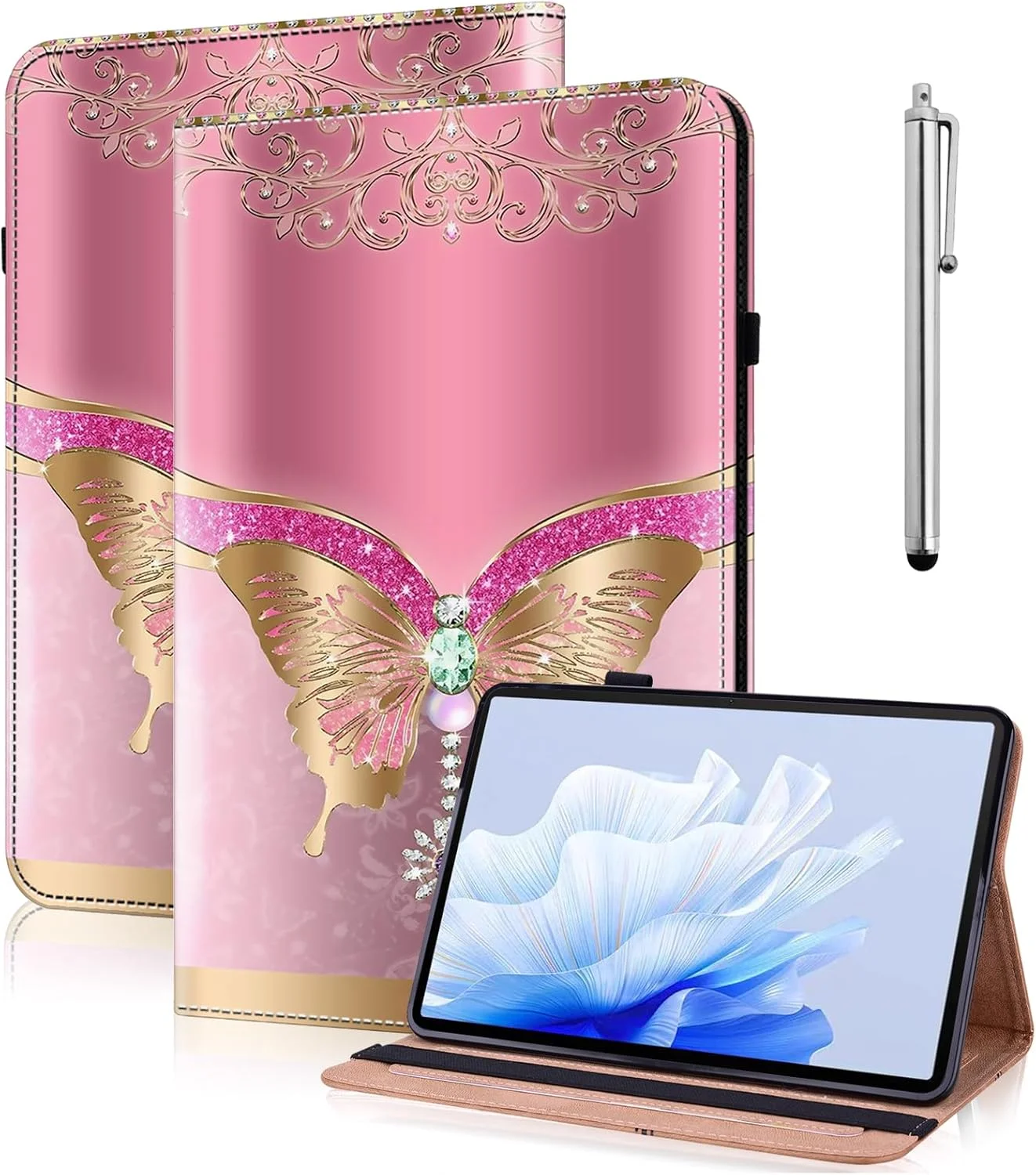 کیف تبلت TUOLISG مناسب برای لنوو تب پلاس 11.5 اینچ 2024 با جای قلم، کیف چرمی PU نازک و سبک برای لنوو تب پلاس 11.5 اینچ TB351FU با جای کارت - پروانه صورتی