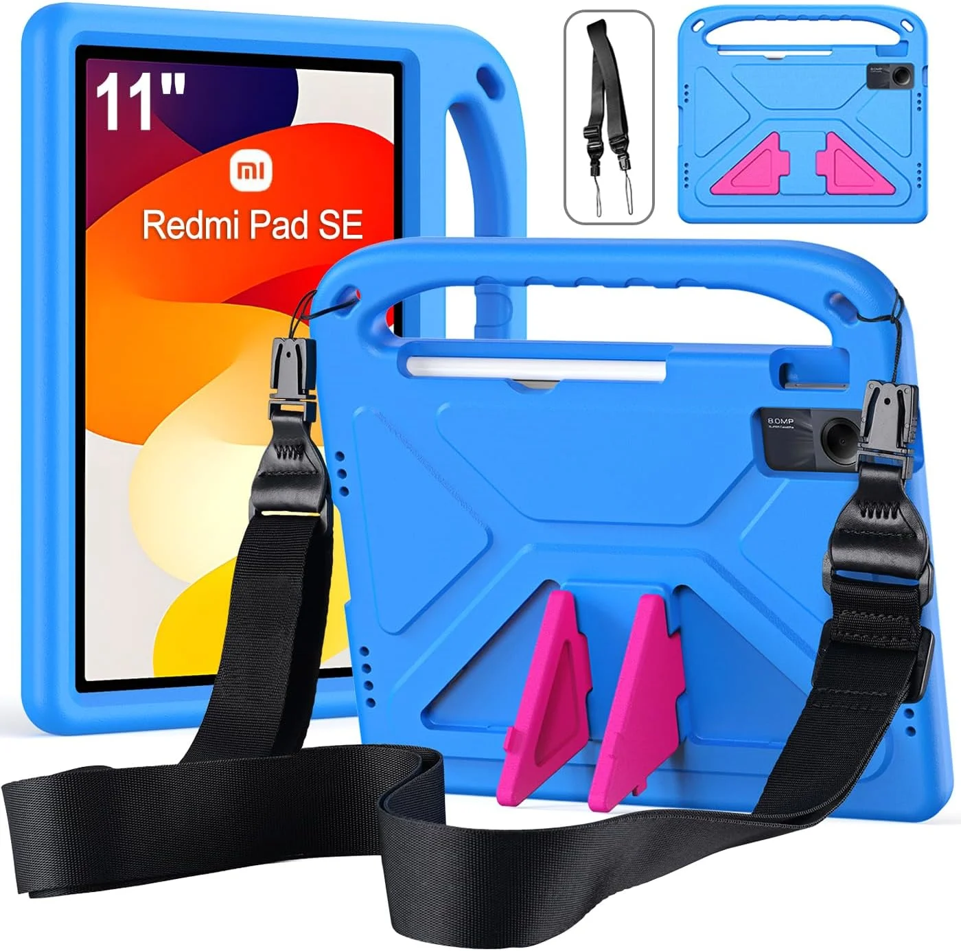 کیف محافظ کودکانه RollinCase برای شیائومی Redmi Pad SE 11 اینچی (2023)، کیف محافظ سبک وزن EVA ضد ضربه با دسته و بند شانه، آبی