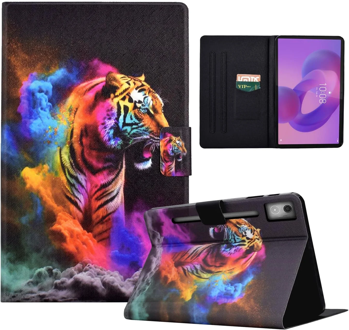 کیف چرمی LSPCASA مناسب برای تبلت لنوو Idea Tab Pro (12.7 اینچ 2025) با کیفیت عالی، دارای جای کارت و قابلیت استند، طرح ببر