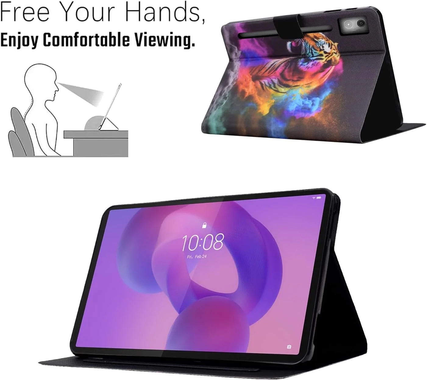 کیف چرمی LSPCASA مناسب برای تبلت لنوو Idea Tab Pro (12.7 اینچ 2025) با کیفیت عالی، دارای جای کارت و قابلیت استند، طرح ببر