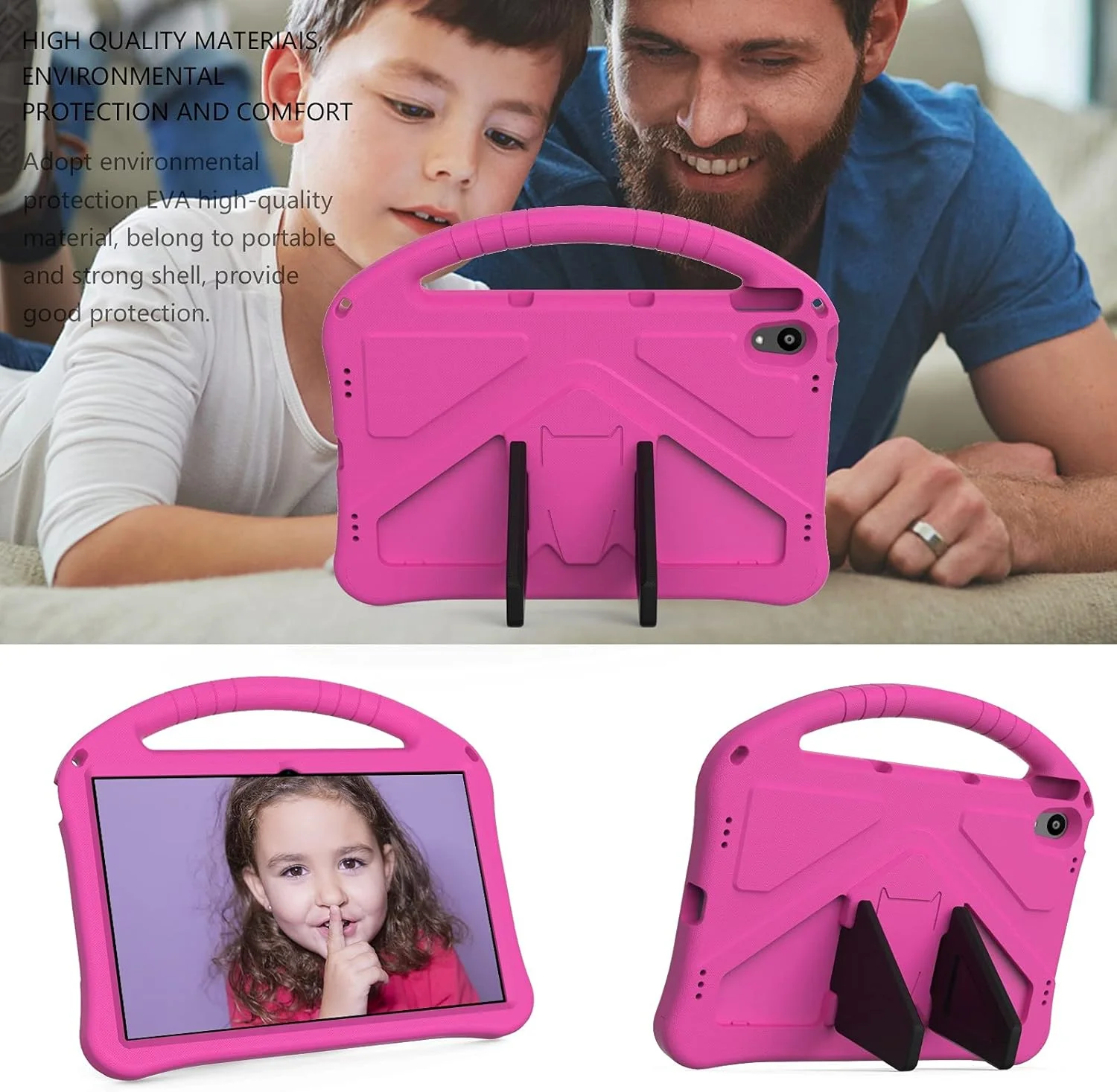 کیف تبلت مسافرتی XNCVBD برای کودکان مناسب برای تبلت Lenovo Tab P11 TB-J606F، کیف تبلت سبک وزن ضد ضربه EVA برای کودکان با دسته بزرگ، کیف محافظ مقاوم برای محافظت از تبلت (قرمز رز)