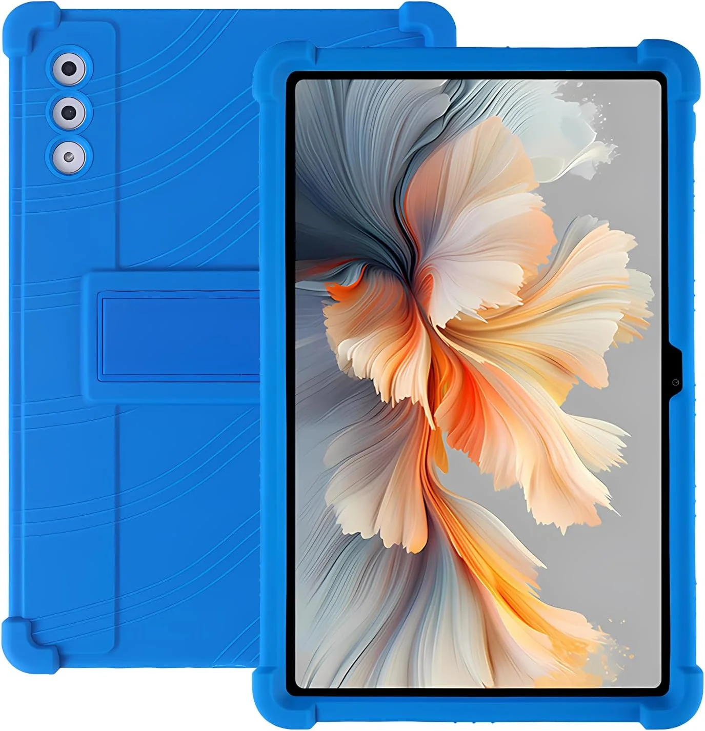 کاور سیلیکونی تبلت لنوو YOGA Tab Plus با اندازه 12.7 اینچ، پوشش کامل، ضد ضربه، ضد خش، دارای استند قابل تنظیم و روکش سیلیکونی نرم، آبی