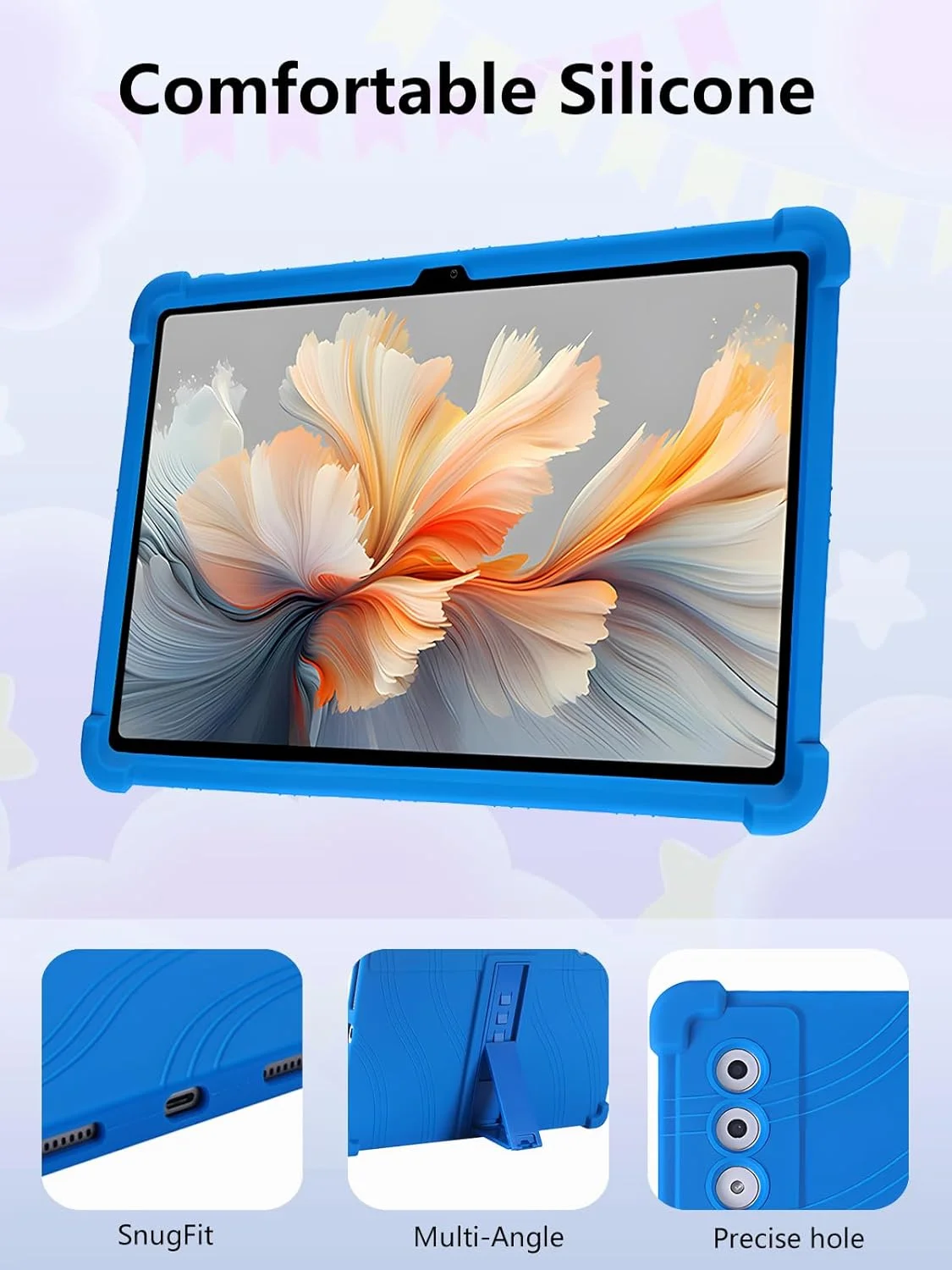 کاور سیلیکونی تبلت لنوو YOGA Tab Plus با اندازه 12.7 اینچ، پوشش کامل، ضد ضربه، ضد خش، دارای استند قابل تنظیم و روکش سیلیکونی نرم، آبی