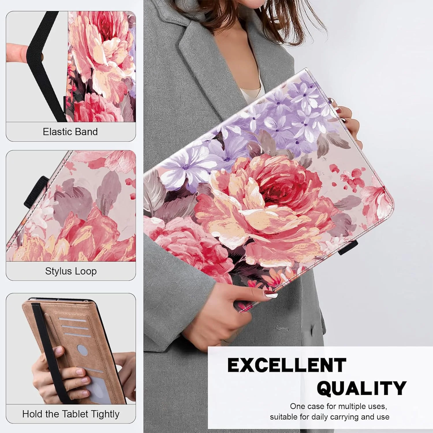 کیف محافظ تبلت سامسونگ گلکسی تب A 10.1 اینچ 2019 (SM-T510/T515)، جلد چرمی با قابلیت تنظیم زاویه و جای قلم - طرح گل رز نقاشی شده با رنگ روغن