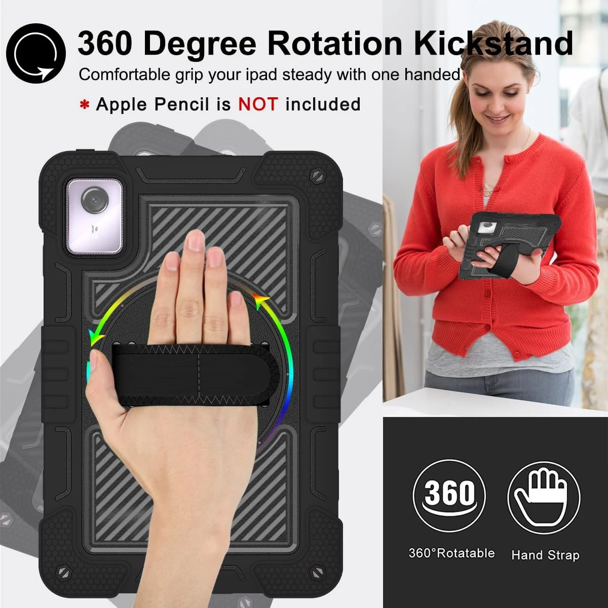 کیف تبلت YOUULAR برای Lenovo Tab M11/Lenovo Tab K11/TB-331FC 2024 11.0 اینچ، کیف تبلت ضد ضربه با پایه چرخان 360 درجه و بند دستی، بند شانه ای، کاملا مشکی