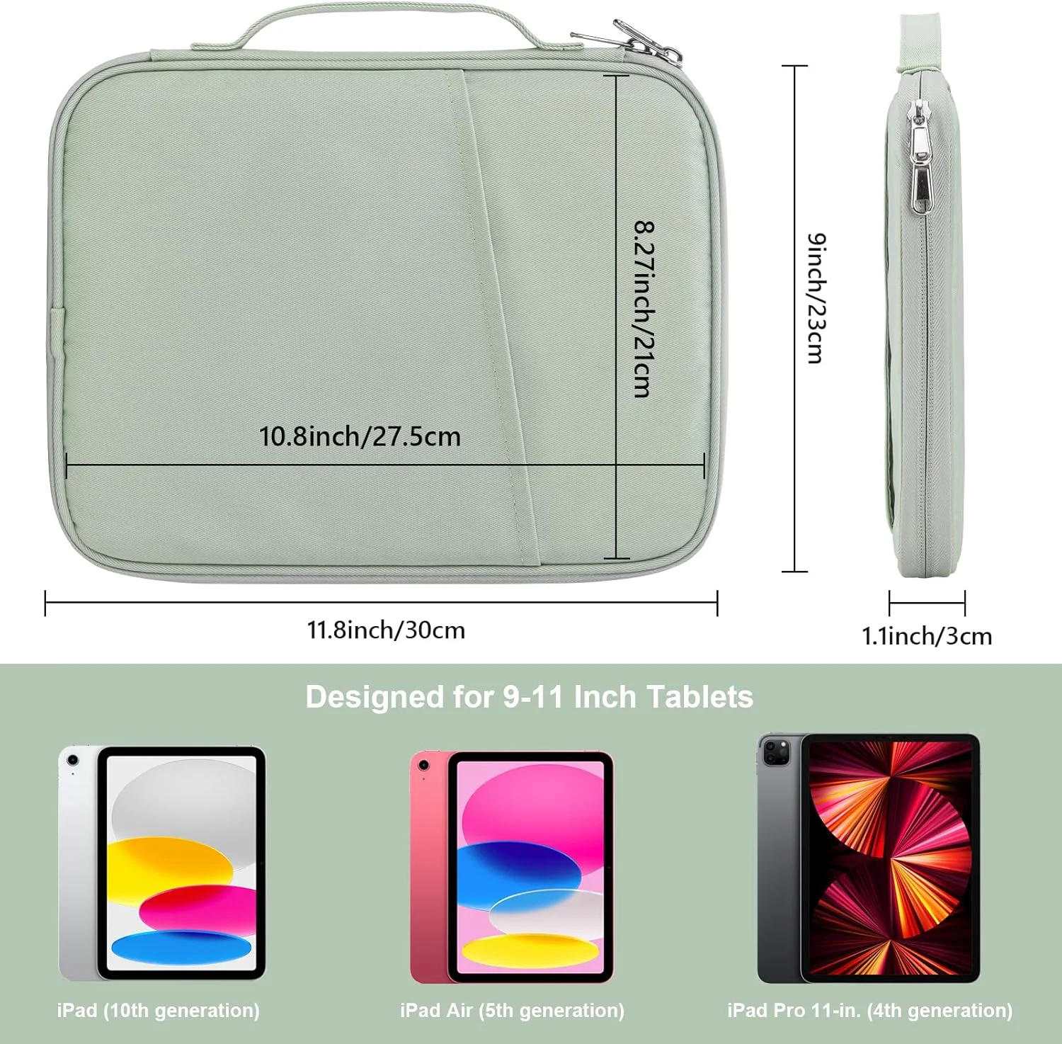 کیف حمل تبلت 9-11 اینچی Cayeelu، کیف آستین مسافرتی پددار برای آیپد پرو 11 اینچی (M4)، آیپد 10.9 (نسل دهم)، آیپد ایر 11 اینچی (M2)، گلکسی تب S9/S8 (سبز نعنایی-11)