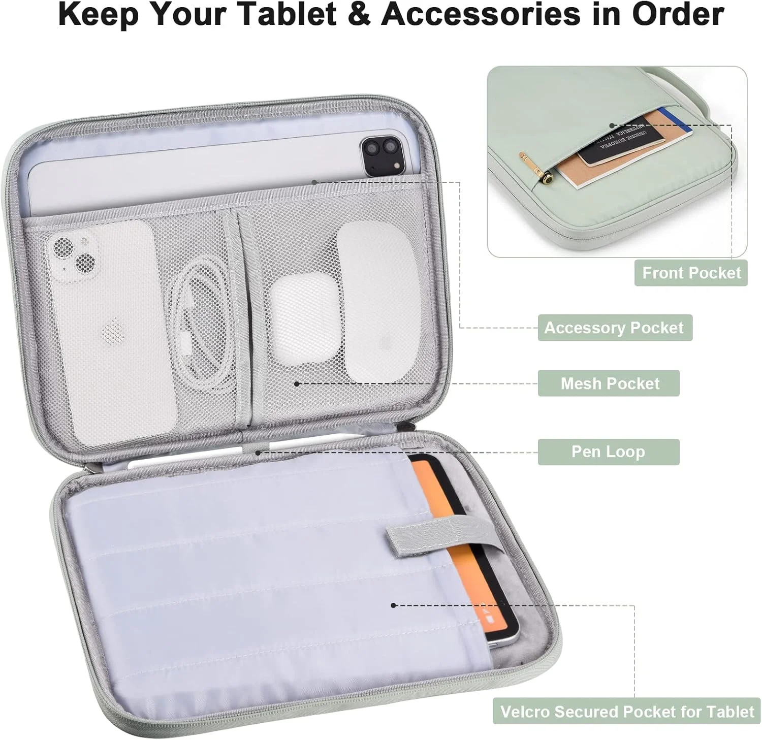 کیف حمل تبلت 9-11 اینچی Cayeelu، کیف آستین مسافرتی پددار برای آیپد پرو 11 اینچی (M4)، آیپد 10.9 (نسل دهم)، آیپد ایر 11 اینچی (M2)، گلکسی تب S9/S8 (سبز نعنایی-11)