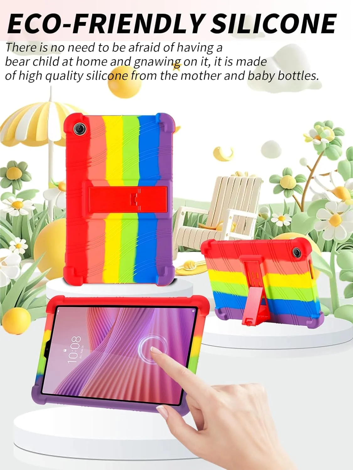 کاور محافظ تبلت لنوو Tab One 8.7 اینچ 2025 جدیدترین مدل، قاب تبلت سیلیکونی نرم و سازگار با پوست کودک yystao سازگار با تبلت لنوو K9، دارای پایه قابل تنظیم (رنگین کمان)