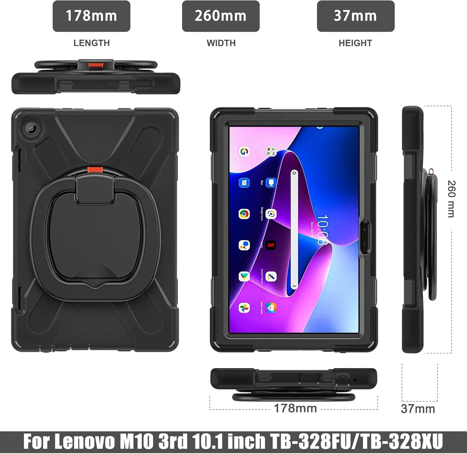 کاور تبلت سازگار با لنوو تب M10 HD 2022 نسل سوم 10.1 اینچ TB-328FU/TB-328XU، کاور مقاوم در برابر ضربه با پایه چرخان 360 درجه، بند دستی/شانه ای، کاور سنگین تبلت مناسب منزل (مشکی)