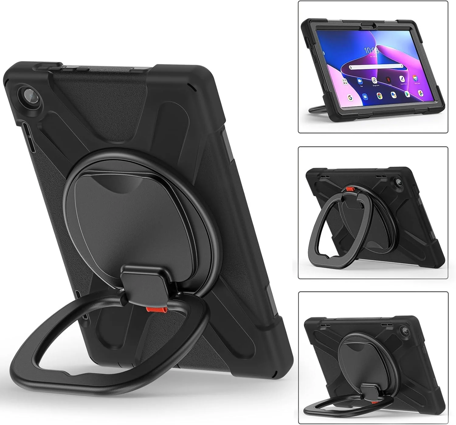 کاور تبلت سازگار با لنوو تب M10 HD 2022 نسل سوم 10.1 اینچ TB-328FU/TB-328XU، کاور مقاوم در برابر ضربه با پایه چرخان 360 درجه، بند دستی/شانه ای، کاور سنگین تبلت مناسب منزل (مشکی)