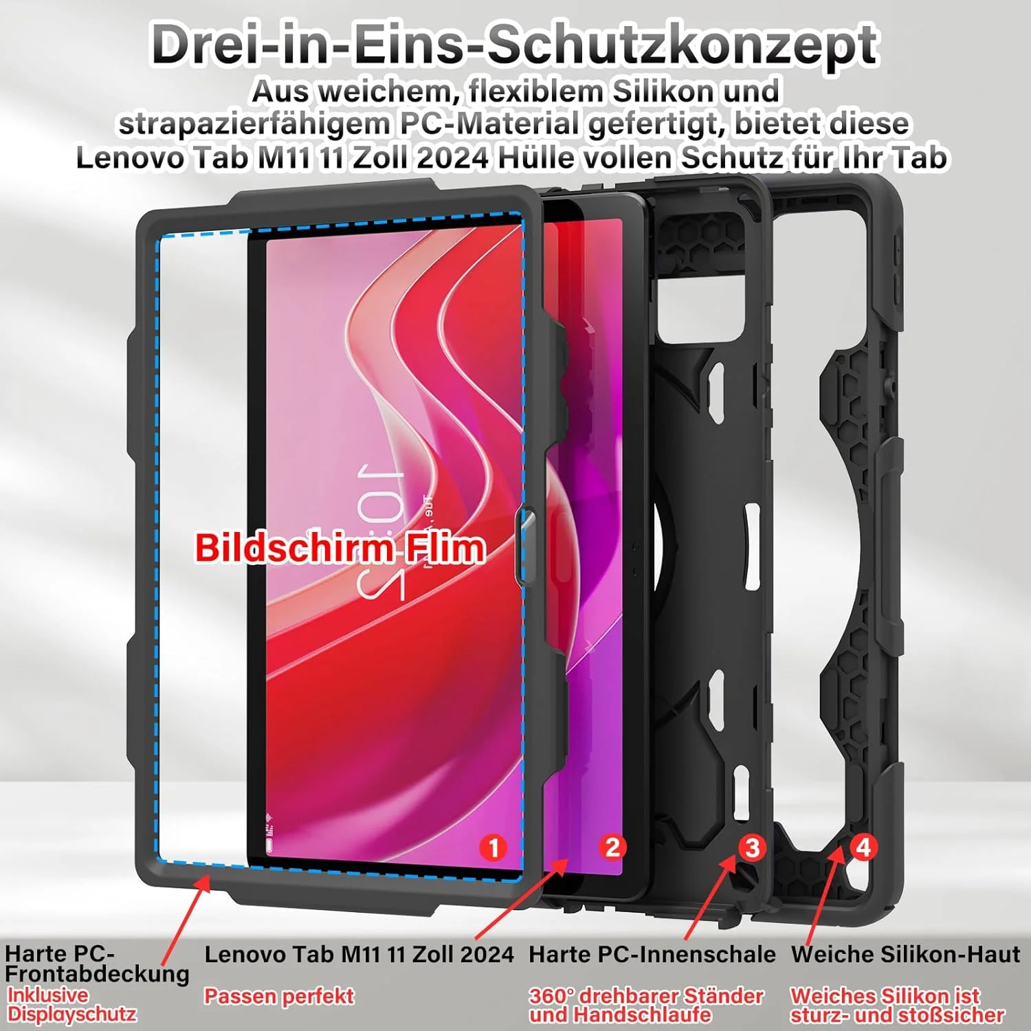 کاور تبلت 11 اینچی Lenovo Tab M11 مدل ROISKIN (سال 2024): کاور ضد ضربه سنگین با محافظ صفحه نمایش، استند چرخان، جای قلم و بند برای تبلت 11 اینچی Lenovo M11، مشکی