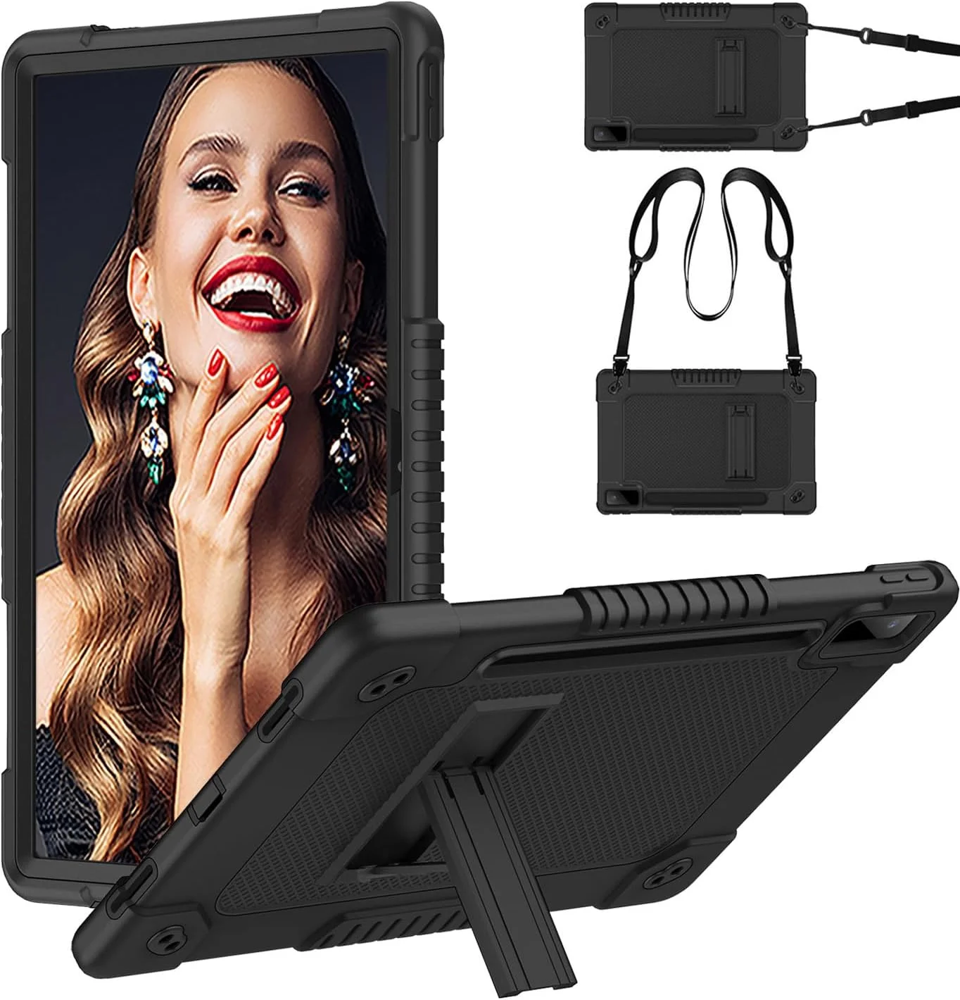 کیبیوری کاور مقاوم برای تبلت لنوو تب P12 اینچ 2023 مدل TB370FU به همراه پایه، بند شانه و جای قلم داخلی، مناسب کودکان، محافظ تبلت لنوو تب P12 / لنوو Xiaoxin Pad Pro 12.7 اینچ (مشکی)