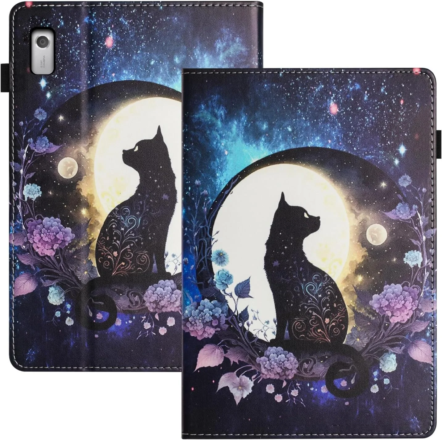 کیف محافظ چرمی تبلت لنوو تب M9 سایز 9 اینچ، مدل تاشو با استند و جای کارت - طرح گربه ماه