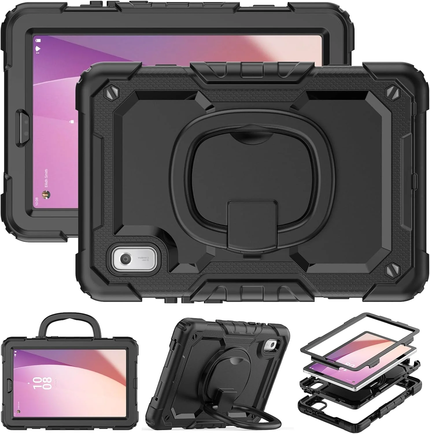 کیف محافظ تخت V-MOTA سازگار با تبلت لنوو تب M9 9 اینچی (2023) مدل TB310XU و TB310FU، کاور مقاوم در برابر ضربه با پایه چرخان و بند مچی (مشکی)