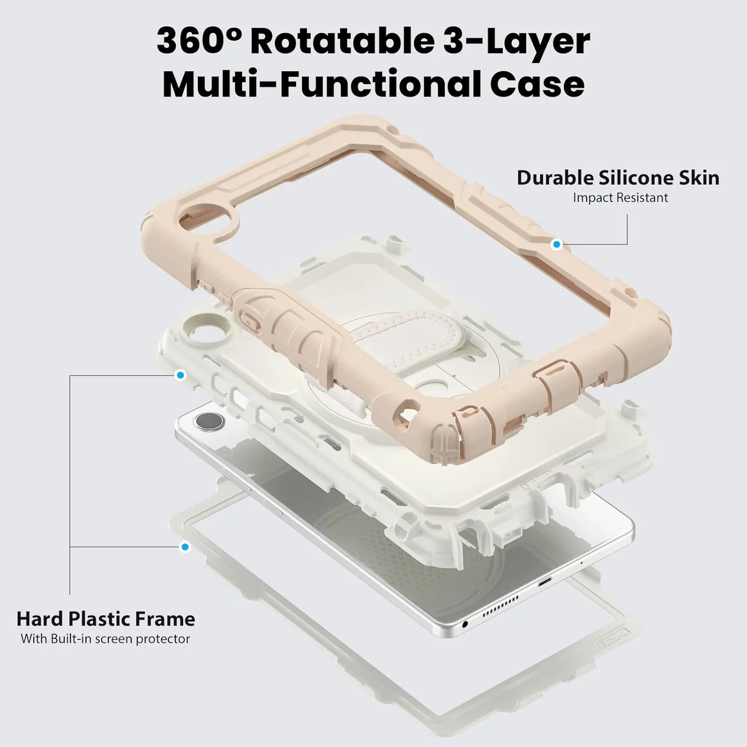 کیف محافظ تبلت Gyulin مناسب برای تبلت لنوو تب وان/تب K9 8.7 اینچ 2025 (TB305XU/ TB305FU)، ضد ضربه با محافظ صفحه نمایش، بند دستی، بند شانه، استند چرخان 360 درجه برای لنوو K9، رزگلد