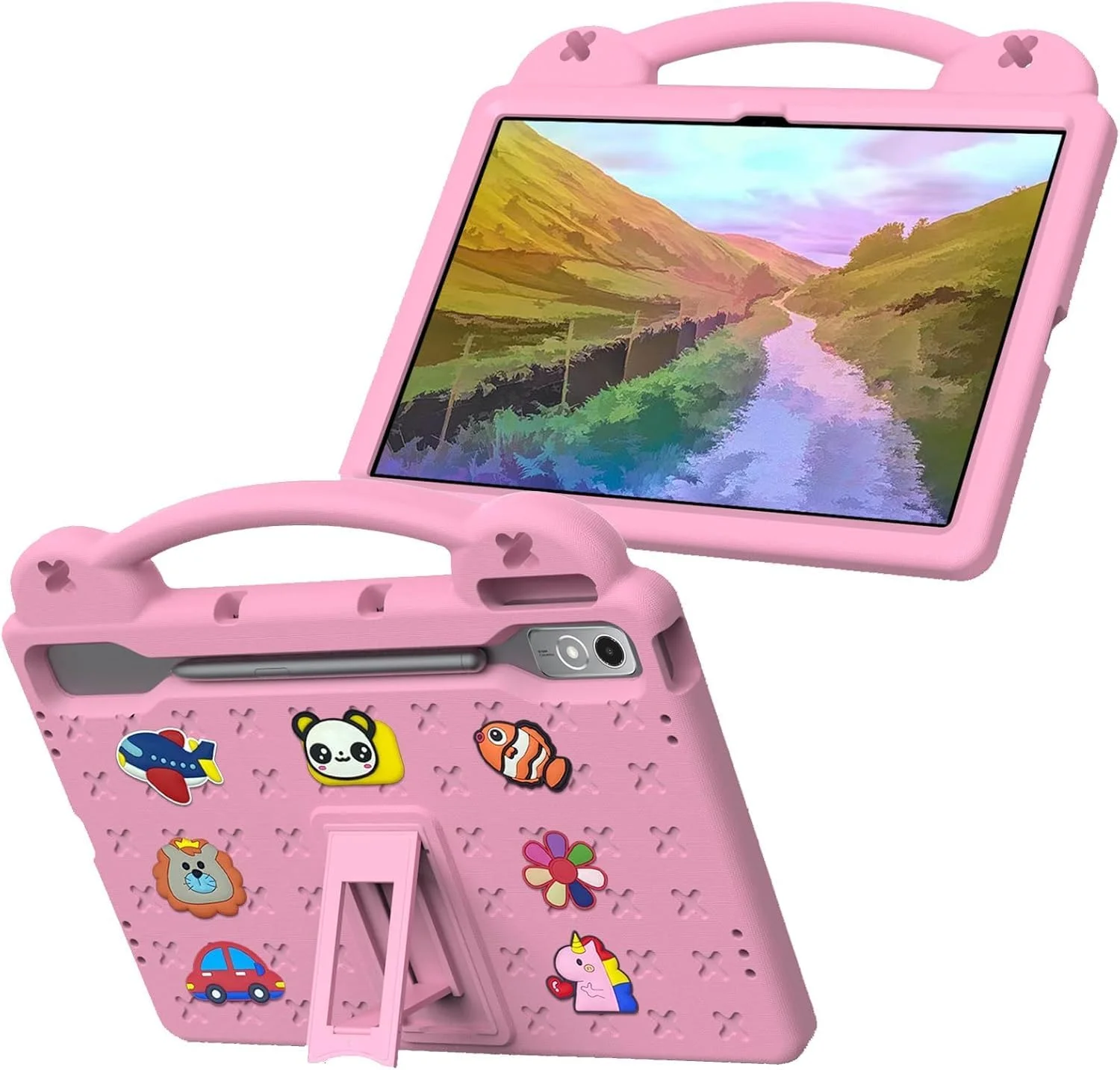 کیف محافظ کودکانه Gruattreay برای تبلت Lenovo Tab P12 12.7 اینچی (TB370FU / TB371FC)، کاور مقاوم در برابر ضربه فوم EVA سنگین با پایه (صورتی)
