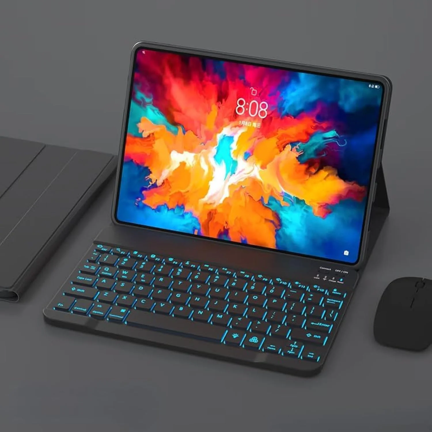 کیبورد Gruattreay سازگار با تبلت Lenovo Tab P12 12.7 اینچی 2023، کیبورد با نور پس زمینه 7 رنگ به همراه ماوس، کاور استند PU برای تبلت Tab P12 12.7 اینچی