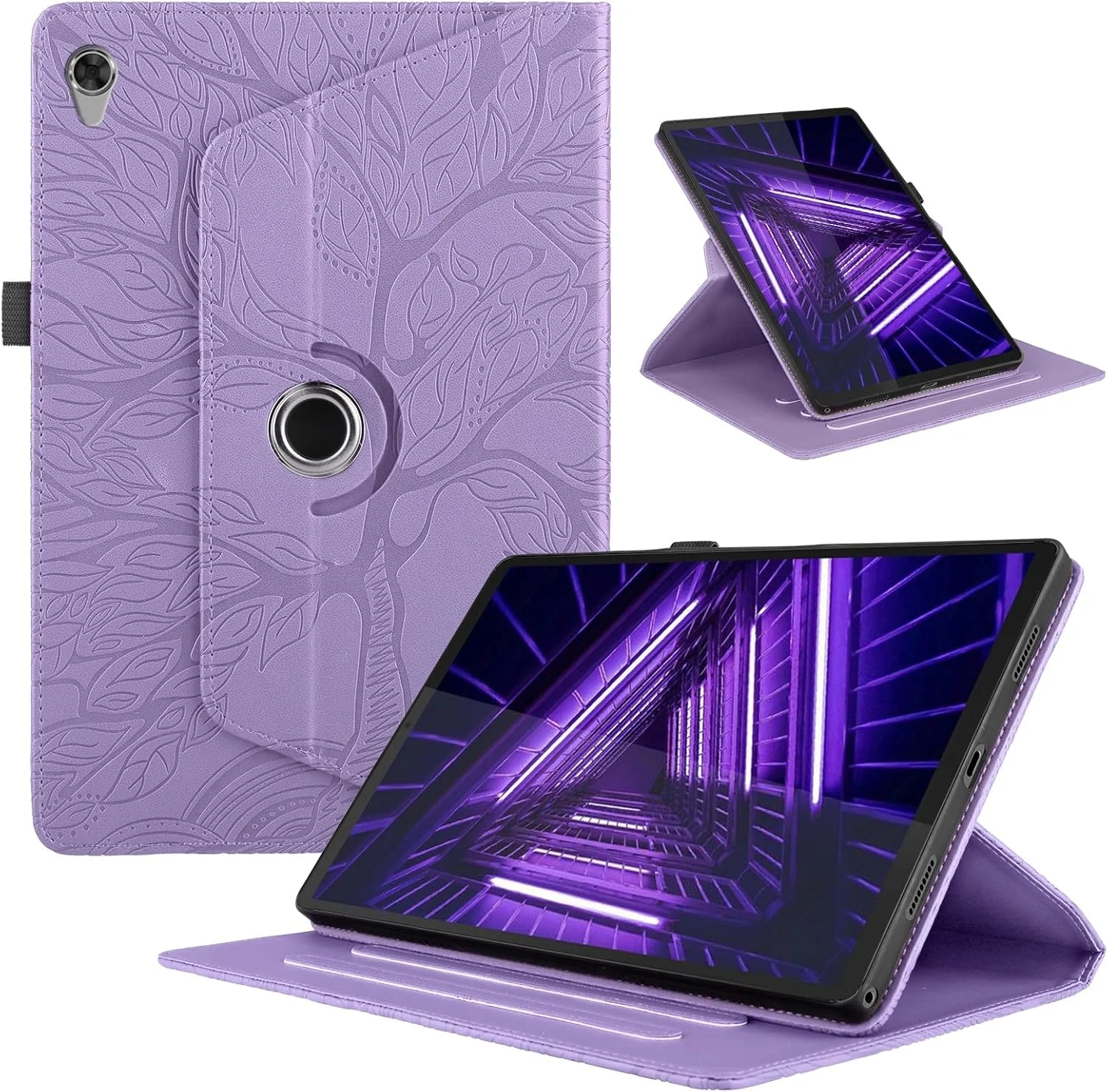 کیف محافظ تبلت تدتیک‌جِی‌تی مناسب برای تبلت لنوو تب M10 HD (نسل دوم) 10.1 اینچ 2020 (TB-X306X)، کیف چرمی PU چرخشی 360 درجه با قابلیت تنظیم چند زاویه، طرح درخت بنفش