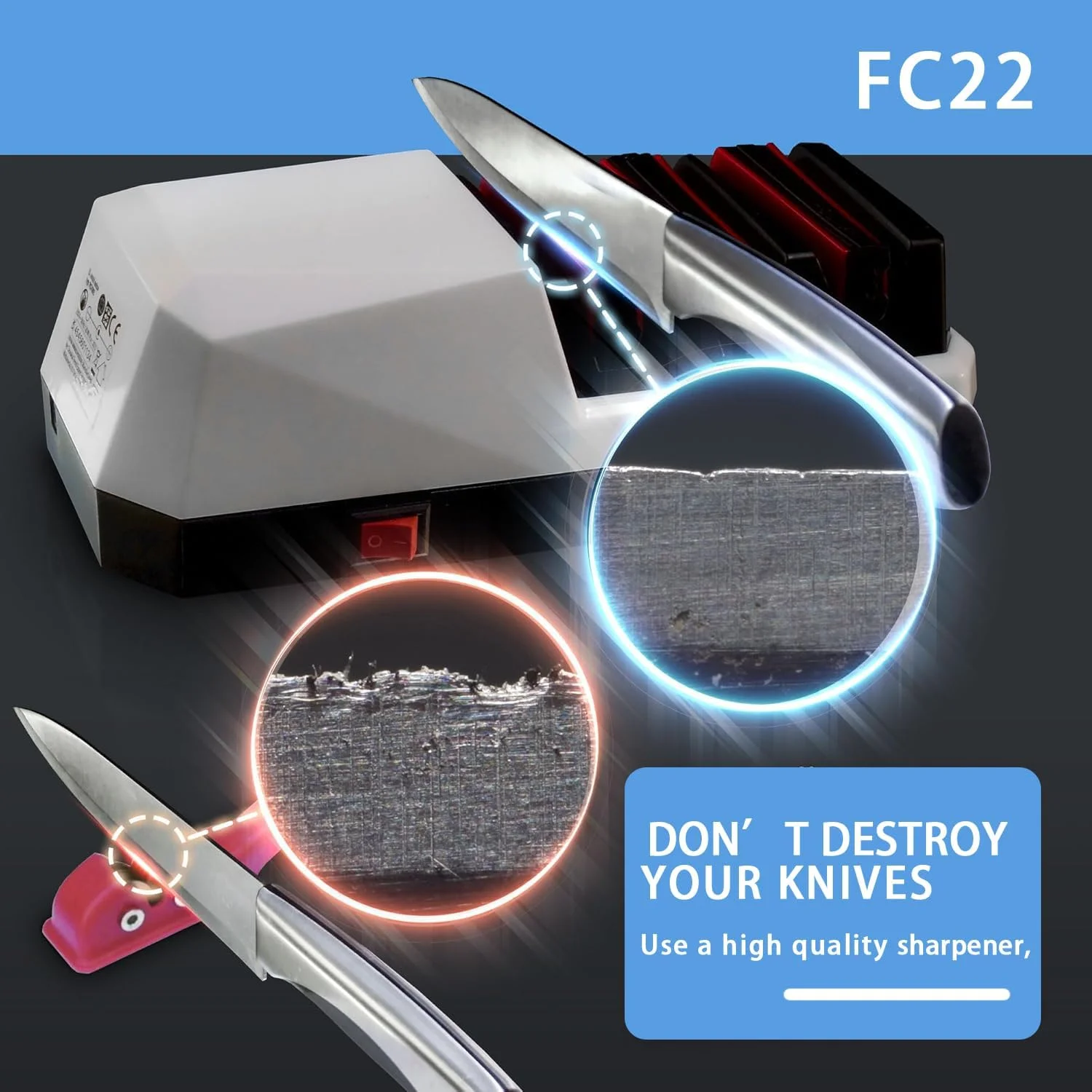 FC22 Electric Knife Sharpener Tool - Professional Kitchen Knives Sharping Kit with 100% Diamond Abrasives and Precision Guides 3-stage Slots for Serrated, Straight, Ceramic Knives