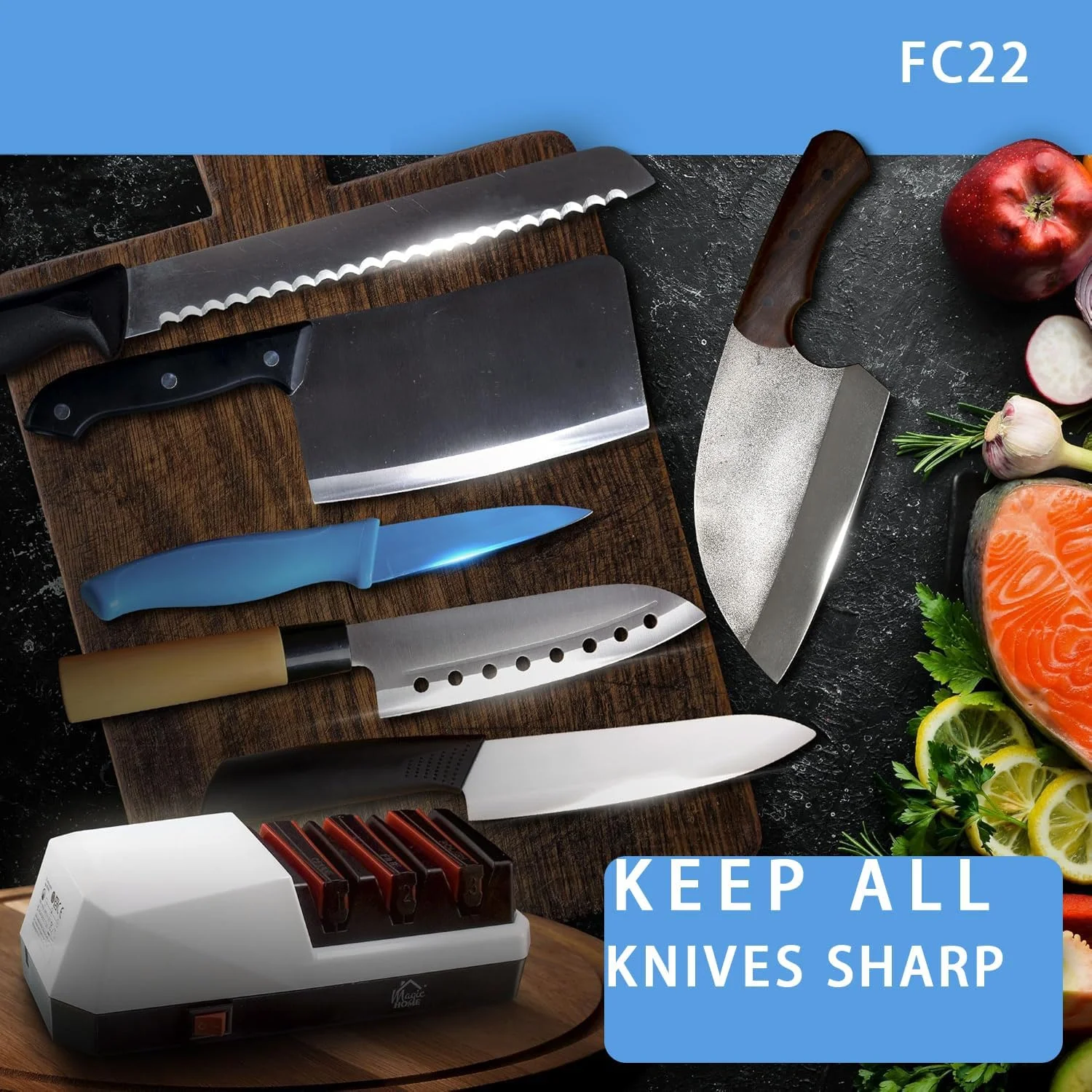 FC22 Electric Knife Sharpener Tool - Professional Kitchen Knives Sharping Kit with 100% Diamond Abrasives and Precision Guides 3-stage Slots for Serrated, Straight, Ceramic Knives