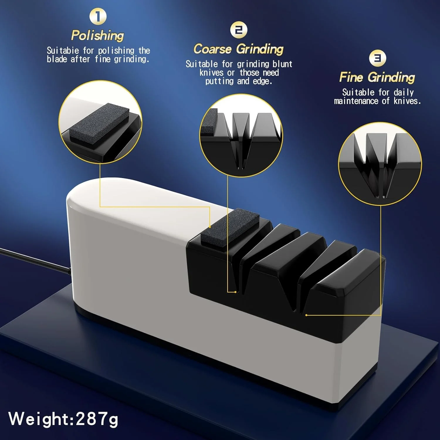چاقو تیزکن برقی، سیستم چاقو تیزکنی 5 در 1 با تیغه صاف، چاقو تیزکن الماسه حرفه ای برای تیز کردن خشن، تعمیر و تیز کردن چاقوها، تیز کردن کارآمد (TC1)