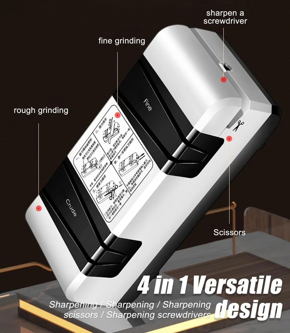 چاقو تیزکن برقی 4 در 1، سنگ تیزکن با سنگ زبر و نرم، سیستم حرفه ای تیز کردن چاقو، برای چاقوهای لبه صاف، پیچ گوشتی، قیچی