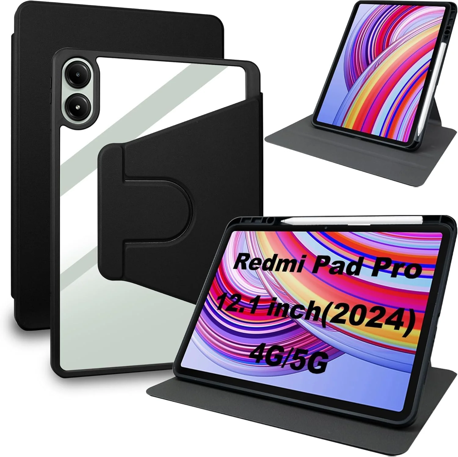 کاور چرمی PU برای شیائومی Redmi Pad Pro/Xiaomi Poco Pad، کاور محافظ تبلت، چرم PU + قاب اکریلیک شفاف، با پایه چرخان/جای قلم، پایه باریک برای Redmi Pad 12.1 اینچ، مشکی