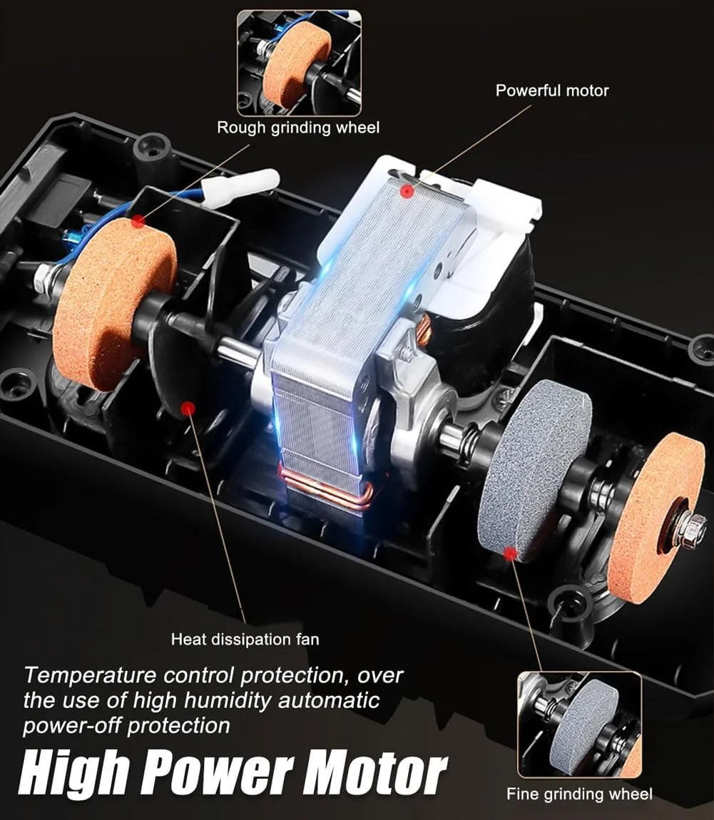 چاقو تیز کن برقی، سیستم حرفه ای تیز کردن چاقو 50 وات، سنگ سنباده 2800 دور در دقیقه با سنباده زنی زبر و ظریف، برای انواع کاترها